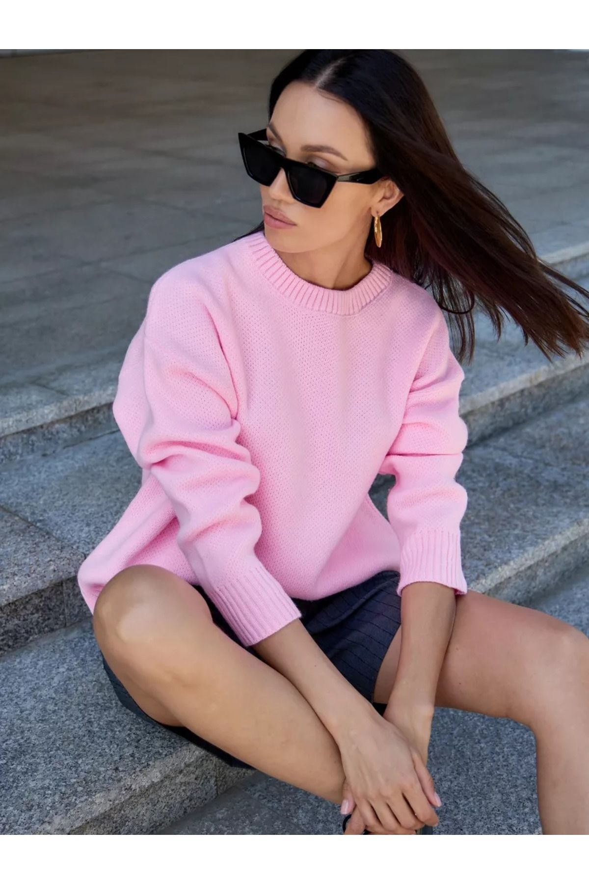 Pembe Bisiklet Yaka Oversize Triko Kazak 3