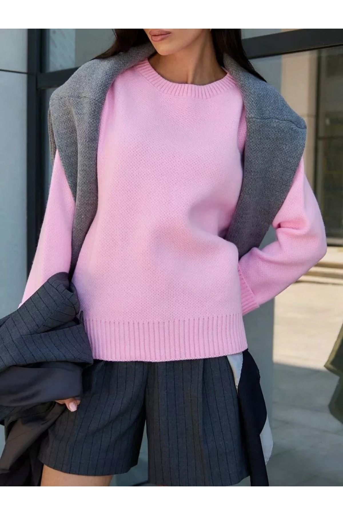 Pembe Bisiklet Yaka Oversize Triko Kazak 5