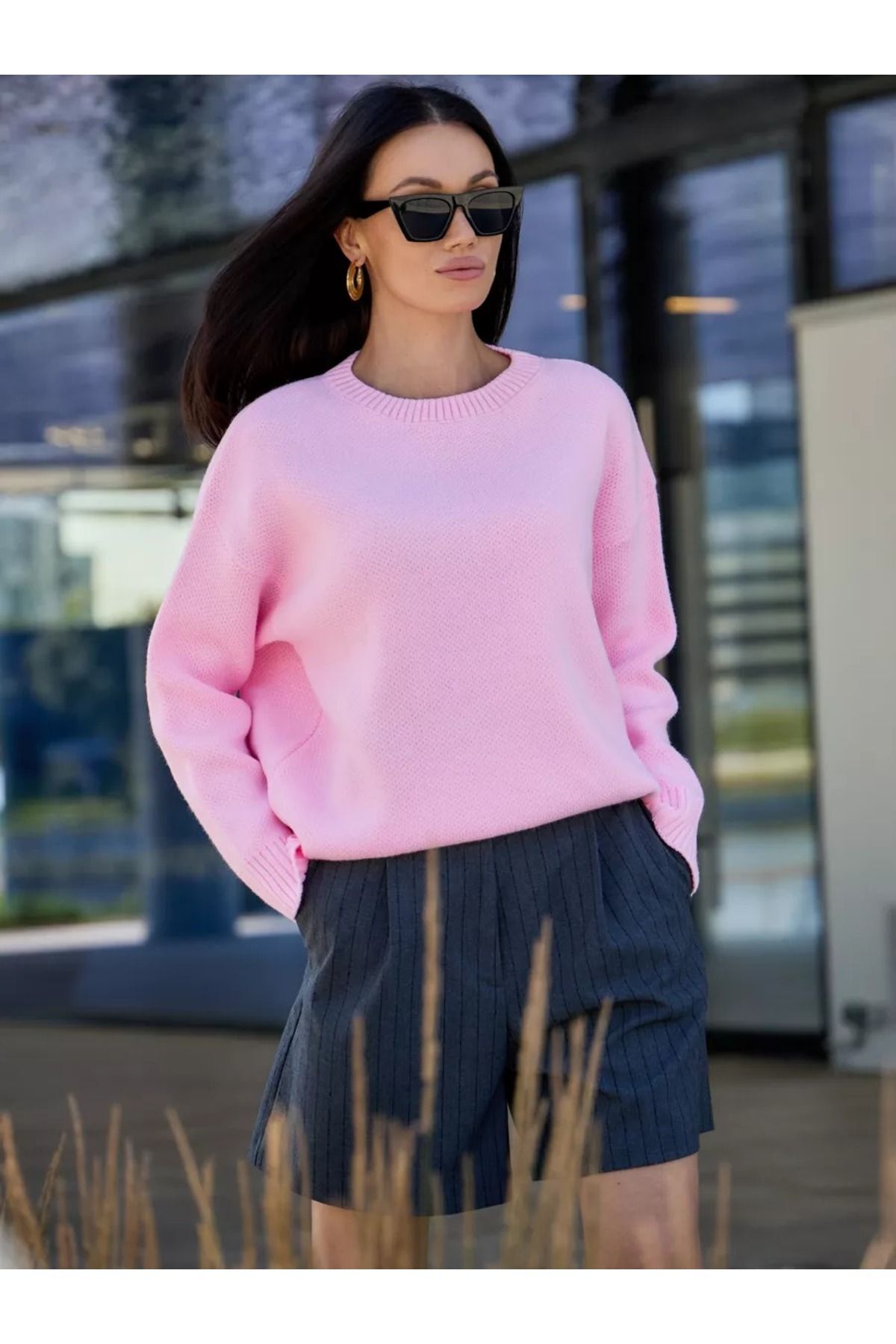Pembe Bisiklet Yaka Oversize Triko Kazak 4