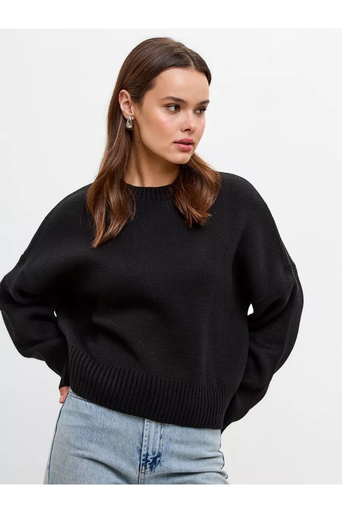 Siyah Bisiklet Yaka Oversize Triko Kazak 3