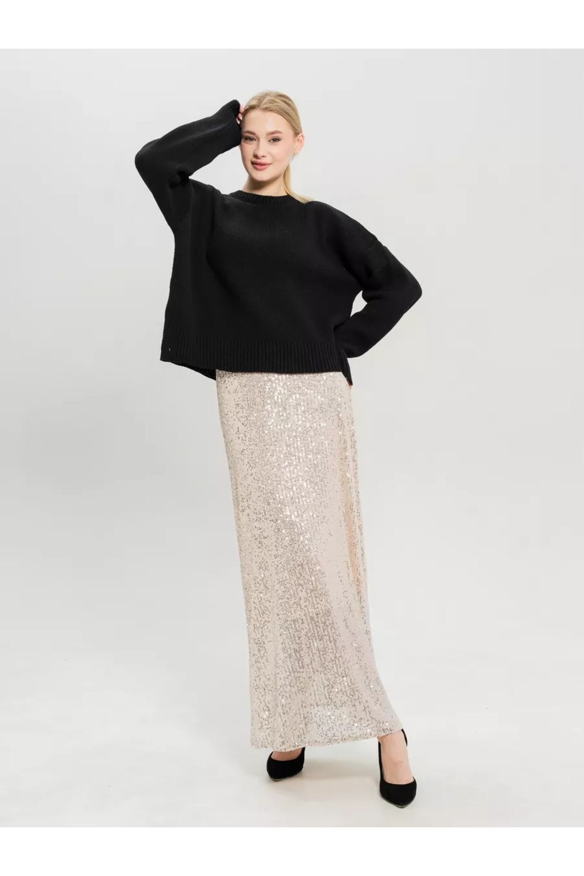 Siyah Bisiklet Yaka Oversize Triko Kazak 6