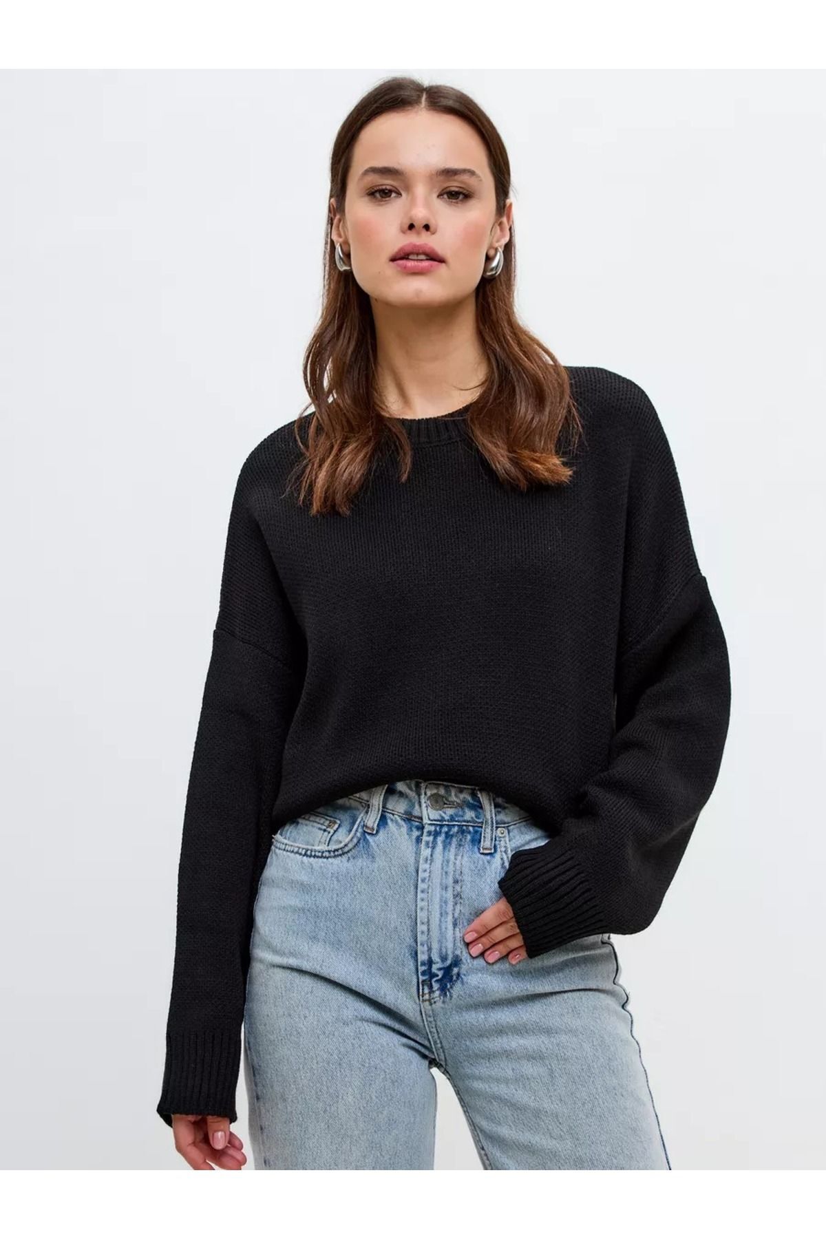 Siyah Bisiklet Yaka Oversize Triko Kazak 4