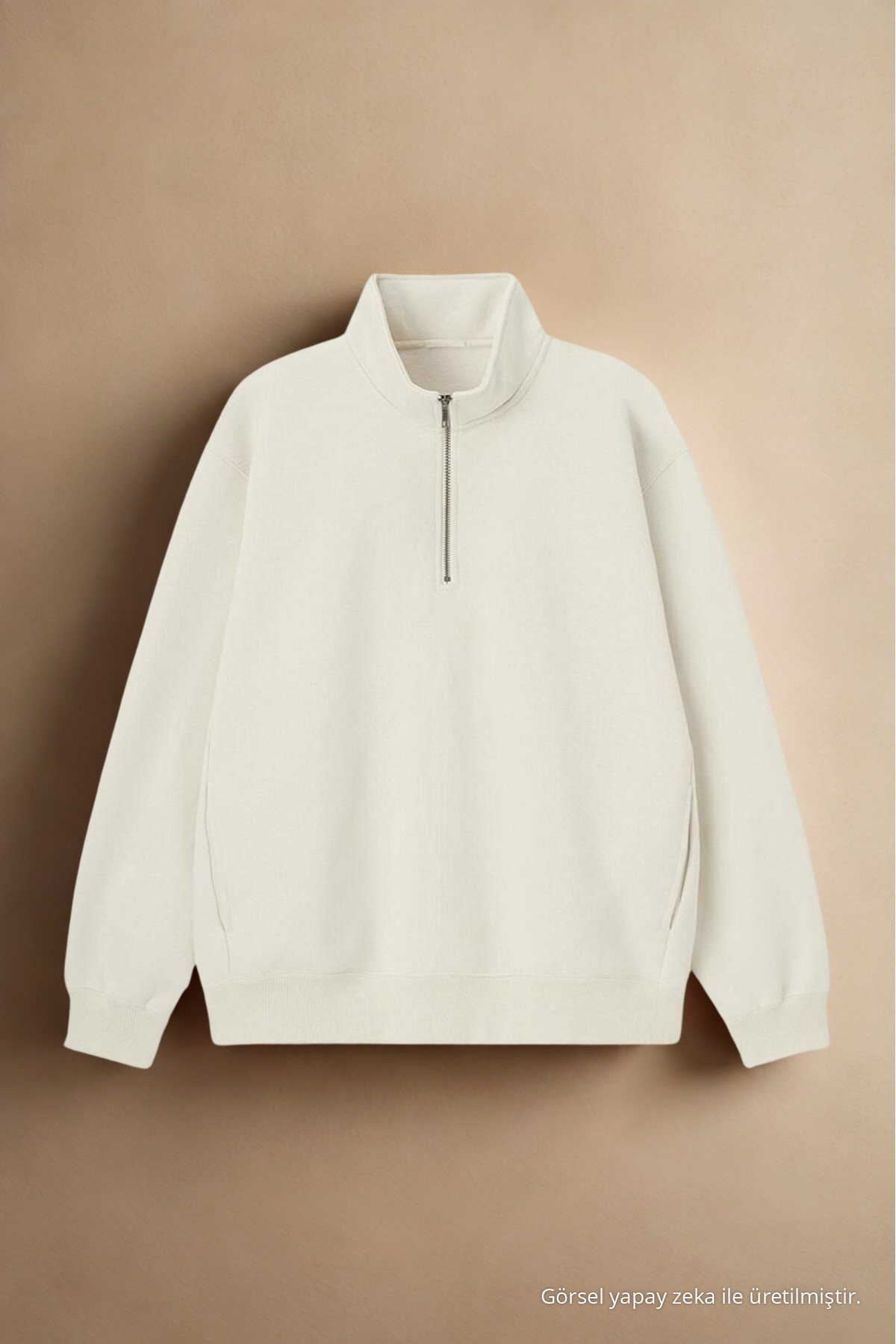 Erkek Dik Yaka Fermuarlı Sweatshirt Bej 6