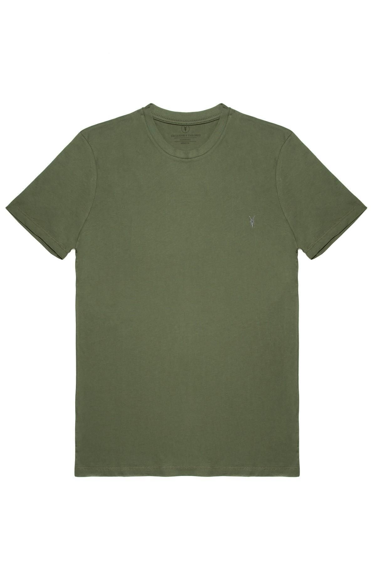 Erkek HAKİ %100 Pamuk Slim Fit Bisiklet Yaka Kısa Kollu Tişört 6