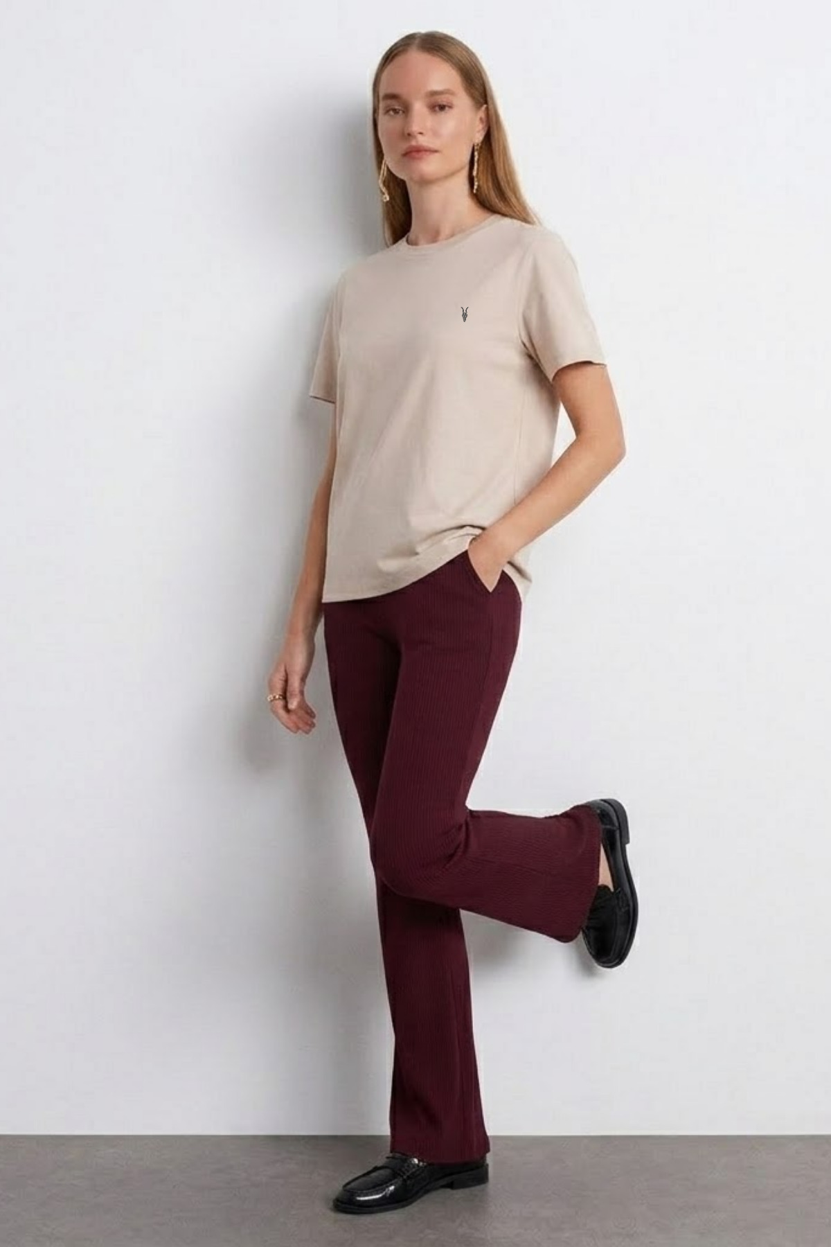 Kadın Comfort Fit Basic Bej Bol Tişört 5