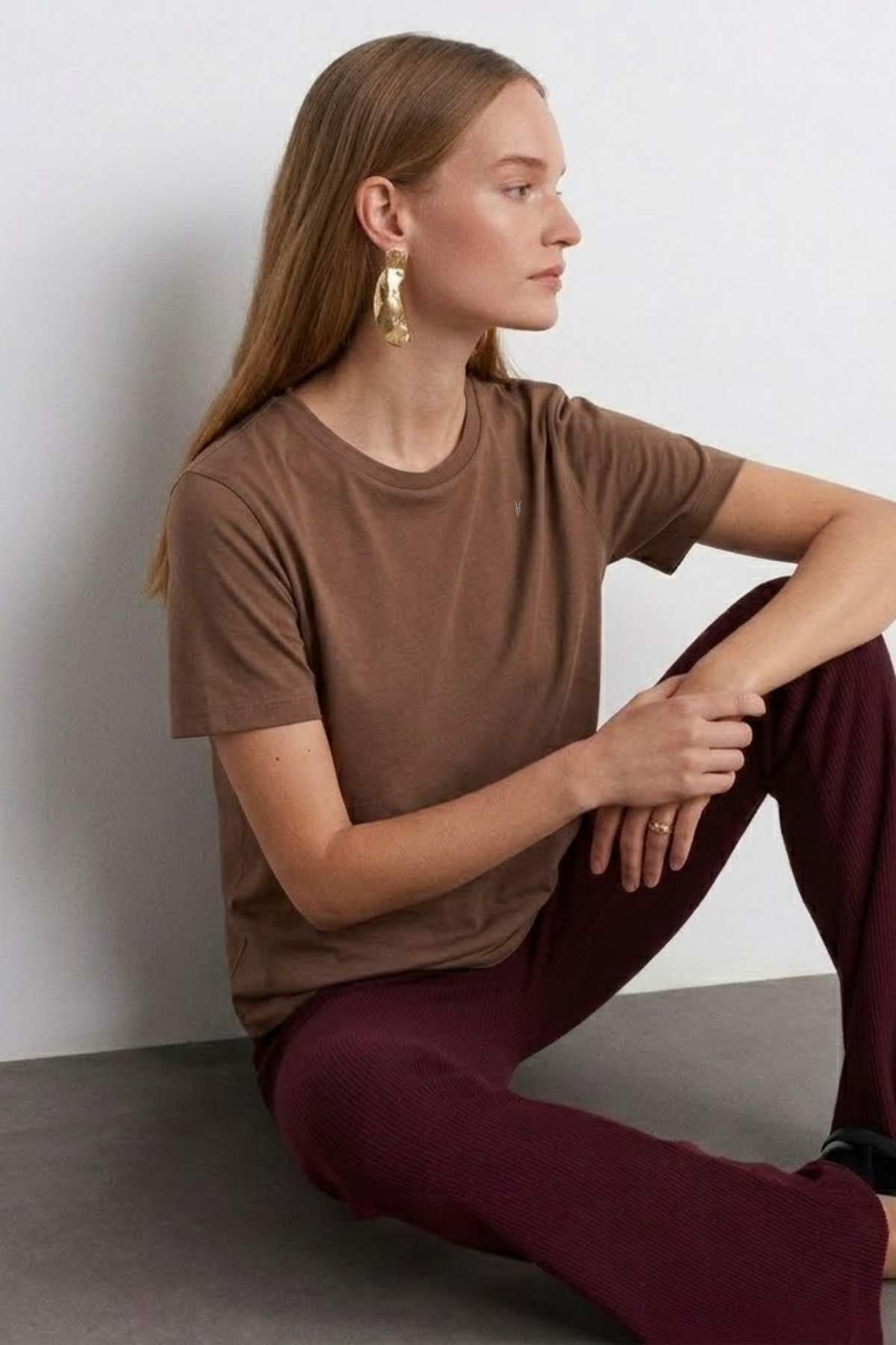 Kadın Comfort Fit Basic Kahverengi Bol Tişört 4
