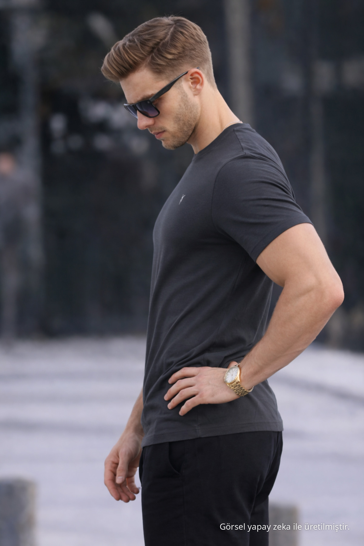 Erkek Bisiklet Yaka Slim Basic Füme Tişört 5