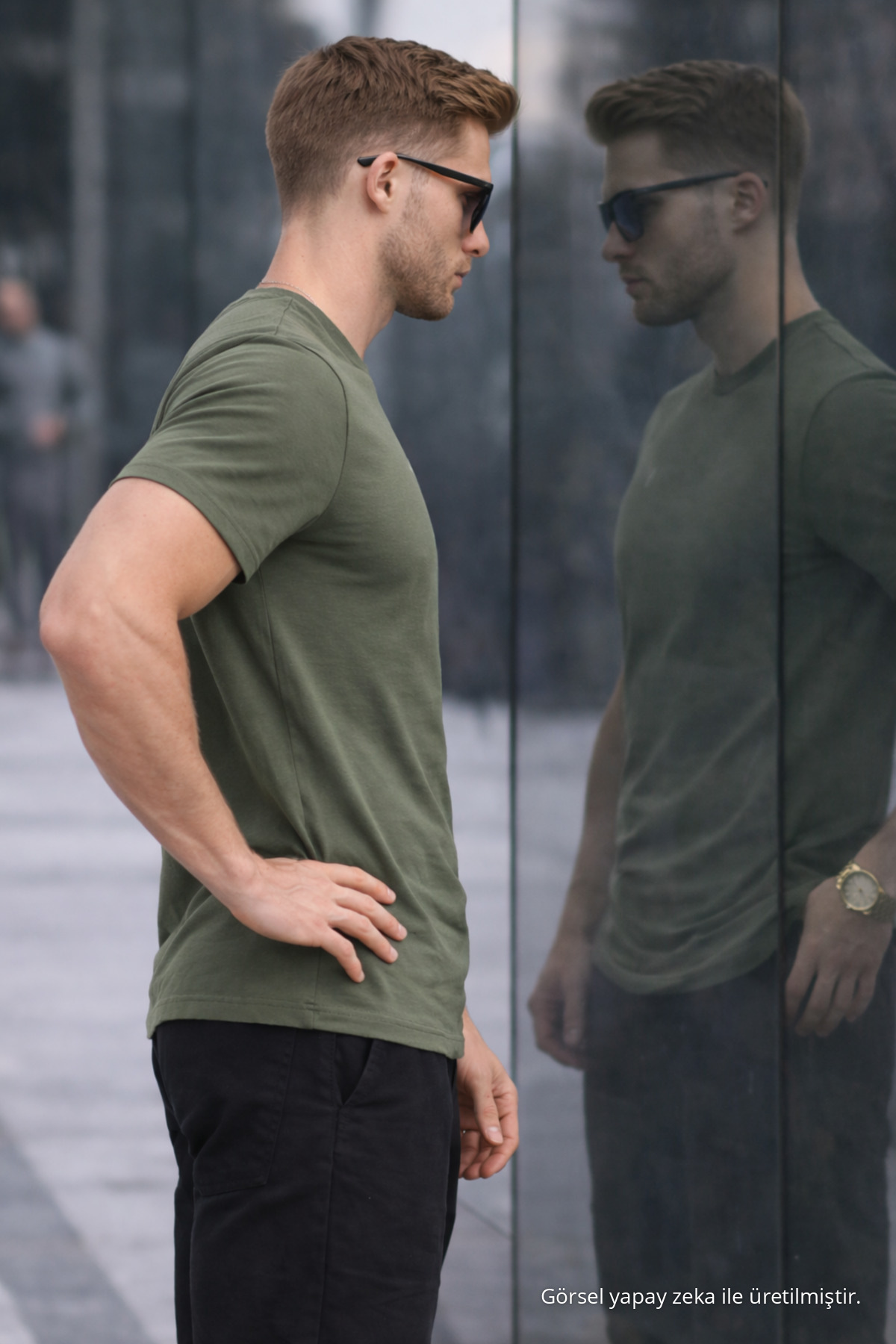 Erkek Bisiklet Yaka Slim Basic HAKİ Tişört 5