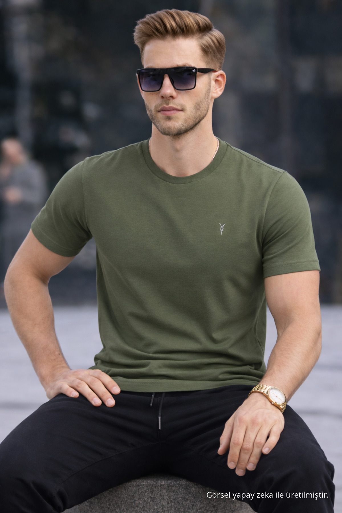 Erkek Bisiklet Yaka Slim Basic HAKİ Tişört 4