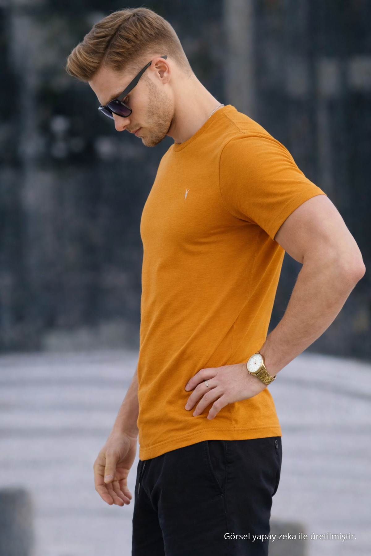 Erkek Bisiklet Yaka Slim Basic Hardal Tişört 5