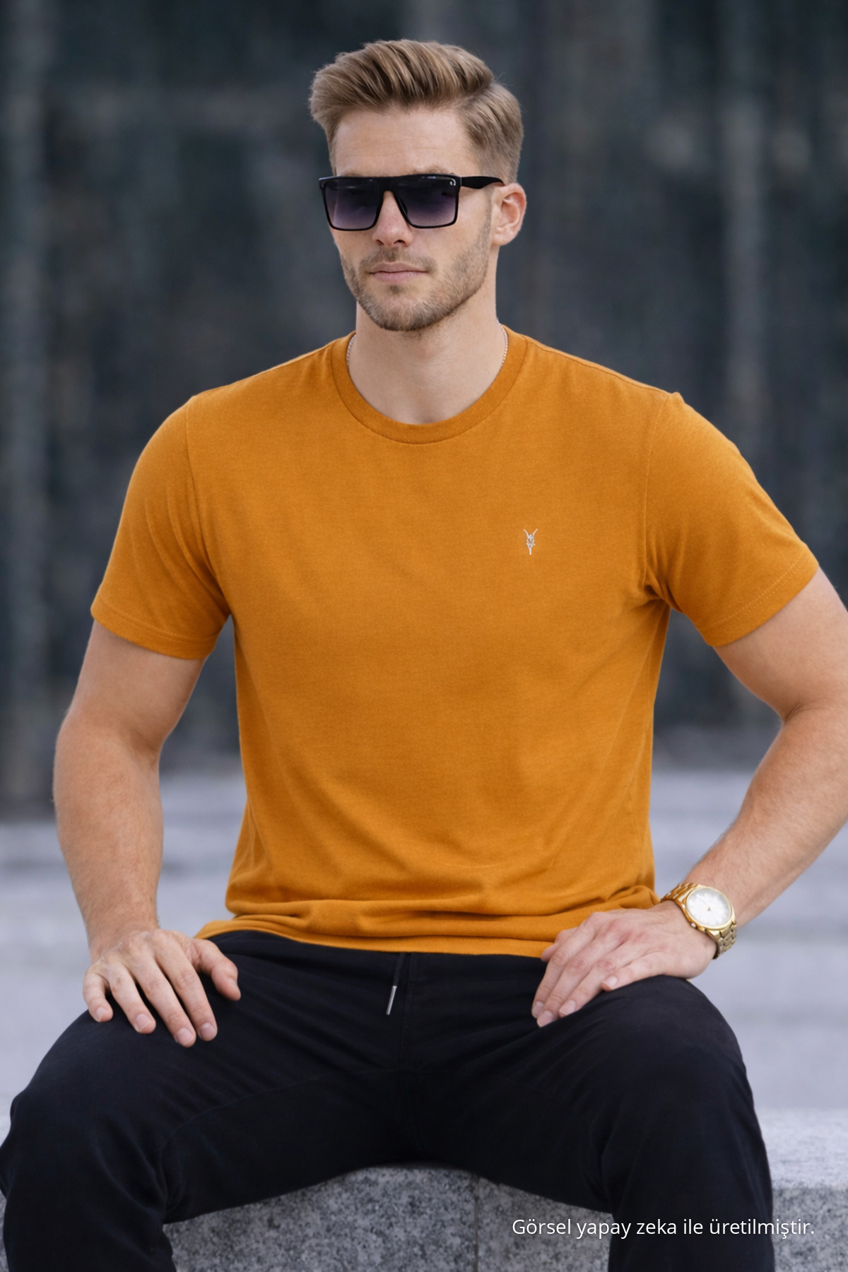 Erkek Bisiklet Yaka Slim Basic Hardal Tişört 4
