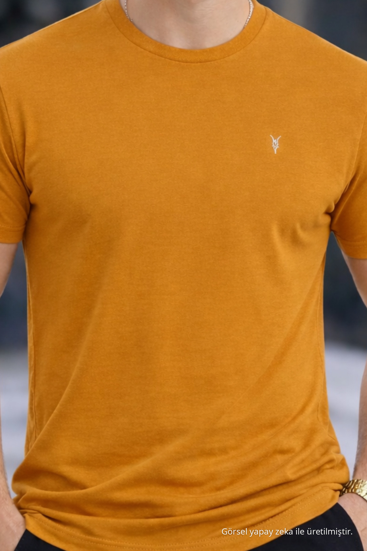 Erkek Bisiklet Yaka Slim Basic Hardal Tişört 3