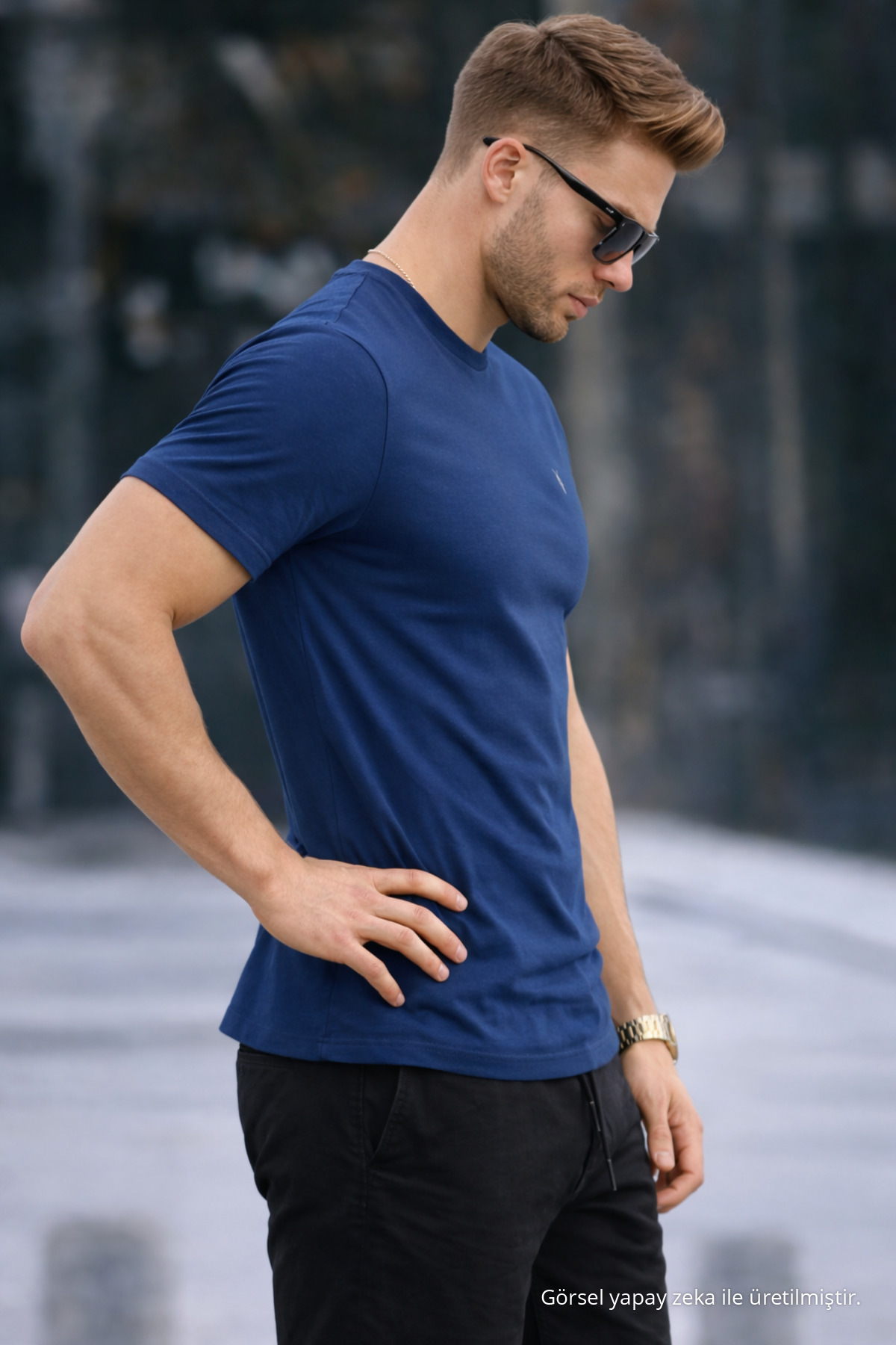 Erkek Bisiklet Yaka Slim Basic İNDİGO Tişört 5