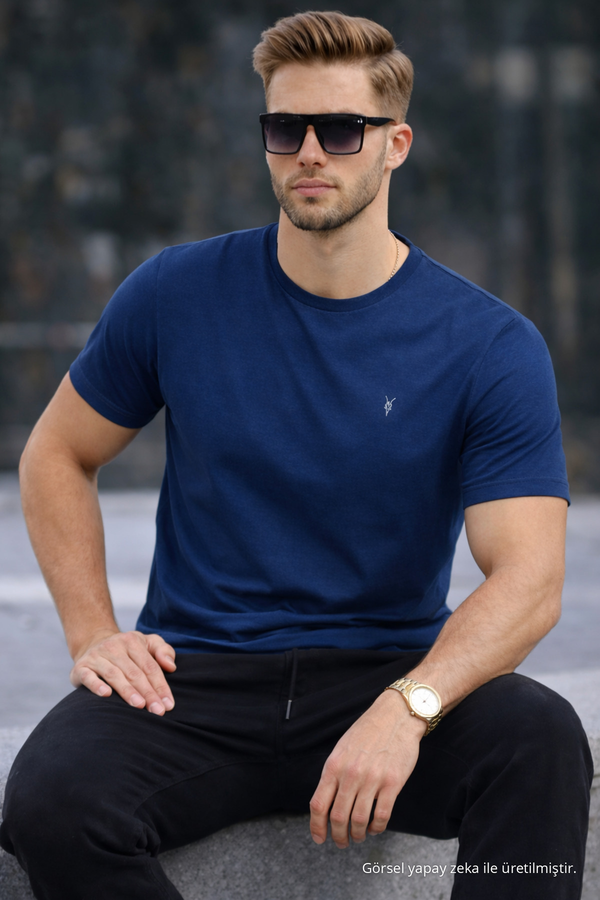 Erkek Bisiklet Yaka Slim Basic İNDİGO Tişört 4