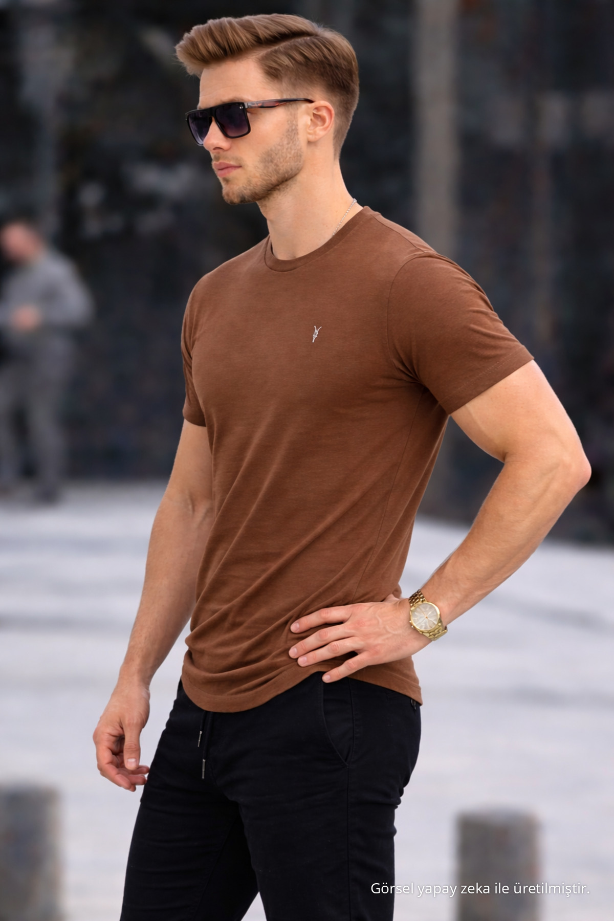 Erkek Bisiklet Yaka Slim Basic Kahverengi Tişört 5