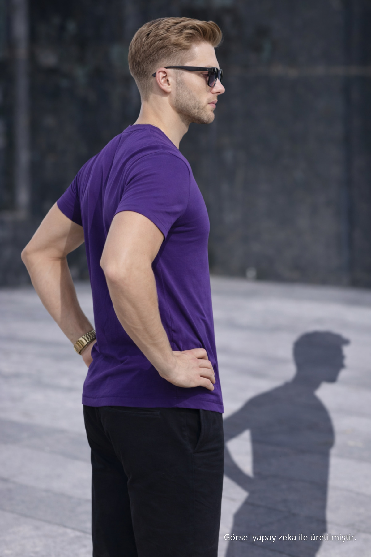 Erkek Bisiklet Yaka Slim Basic Mor Tişört 5
