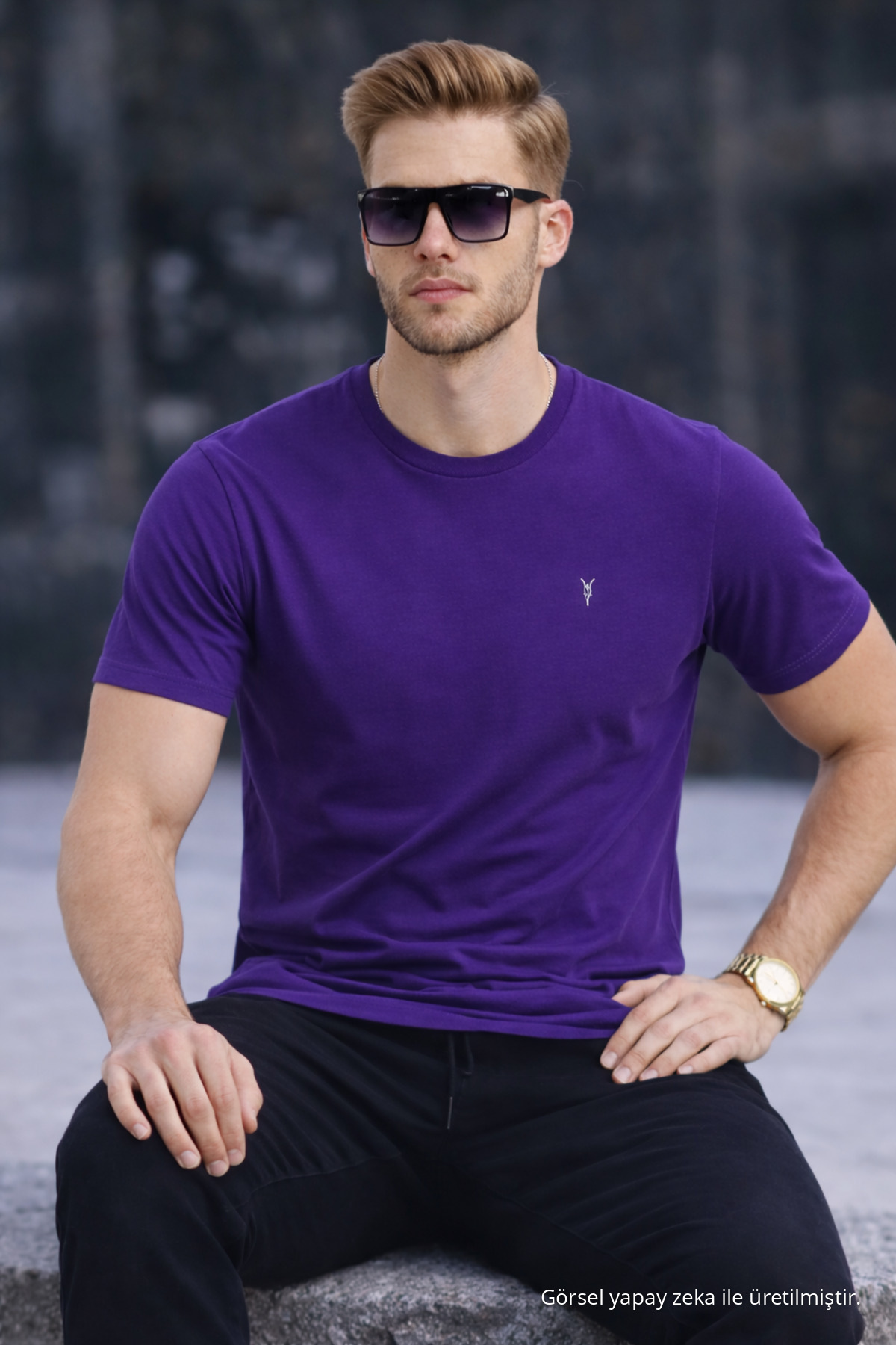 Erkek Bisiklet Yaka Slim Basic Mor Tişört 4