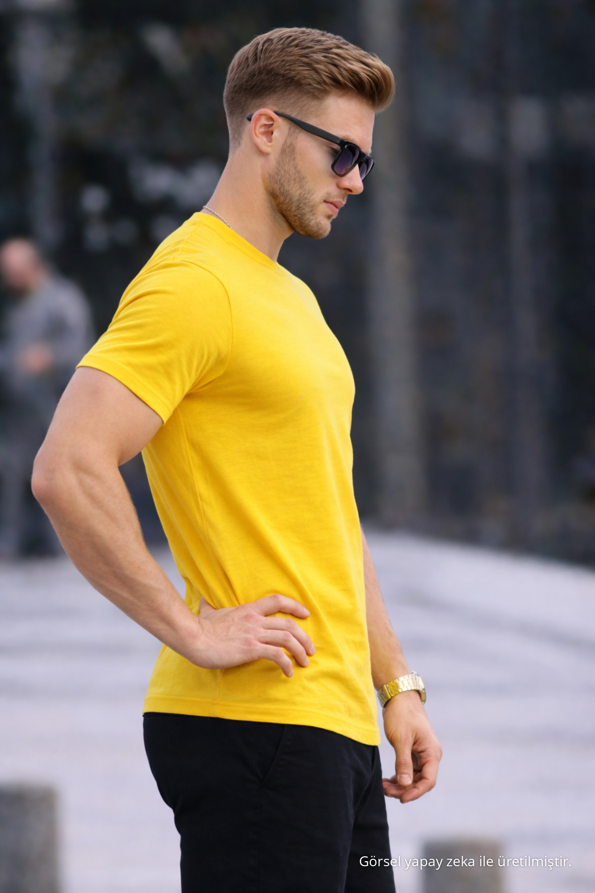 Erkek Bisiklet Yaka Slim Basic SARI Tişört 5