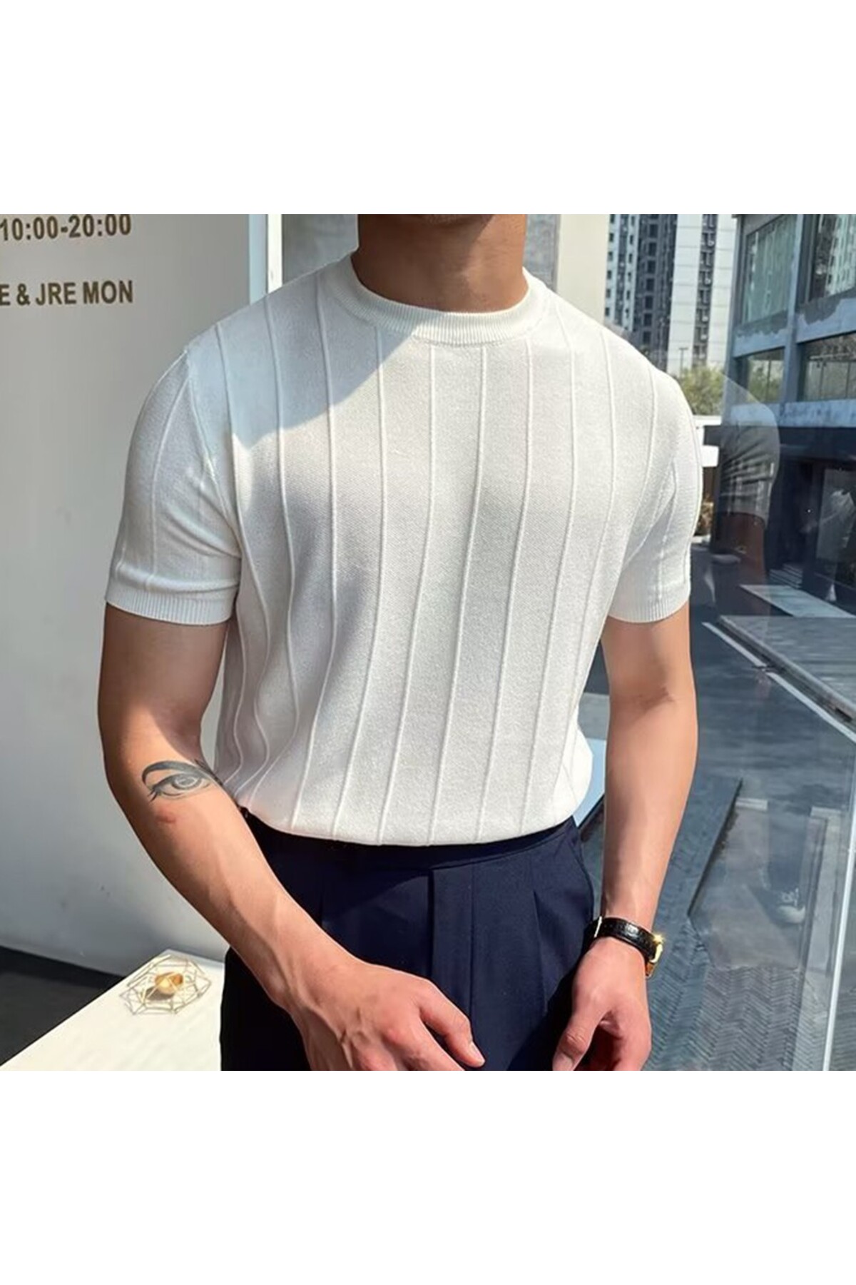 Erkek Bisiklet Yaka Örme T-shirt BEYAZ 4