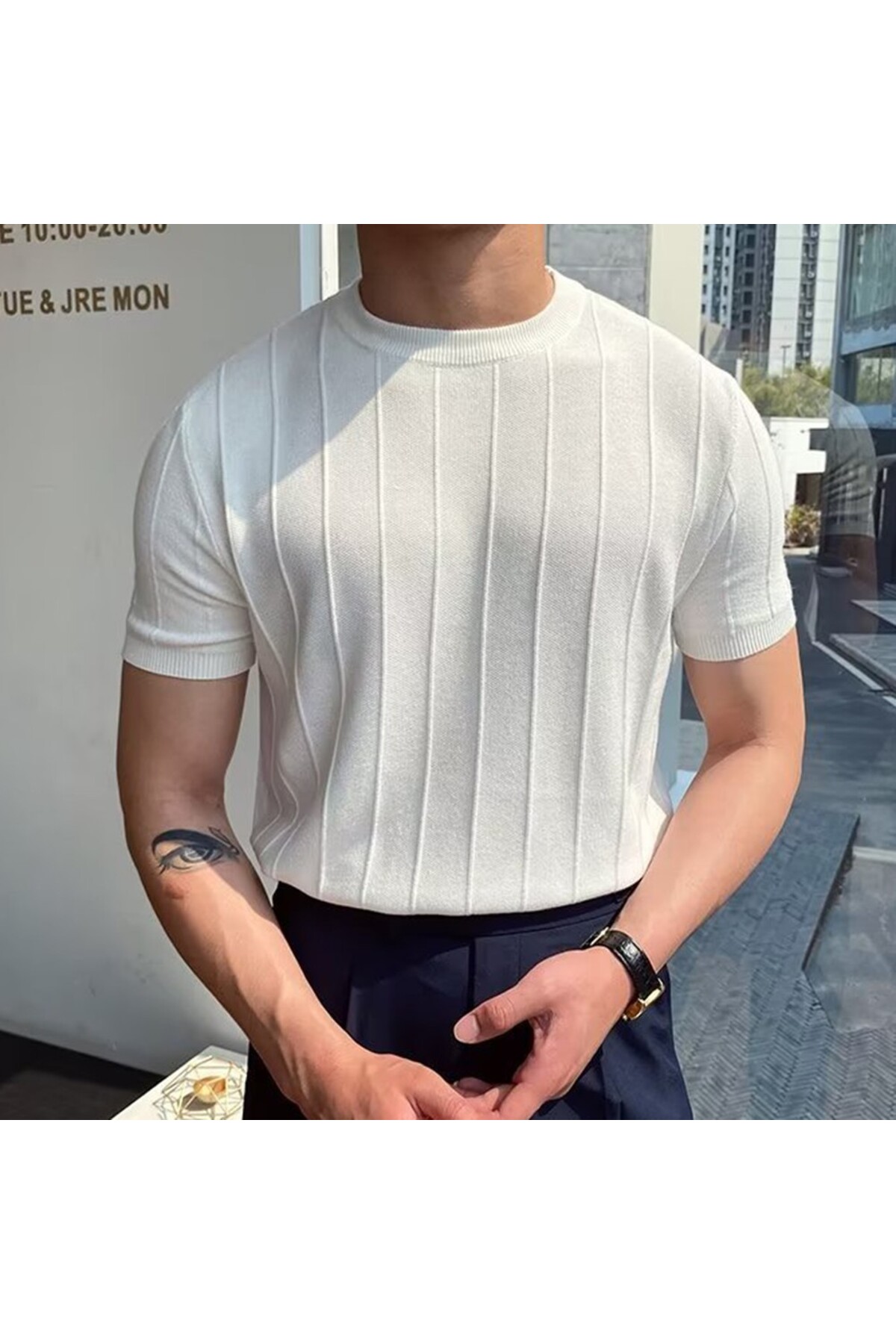 Erkek Bisiklet Yaka Örme T-shirt BEYAZ 3