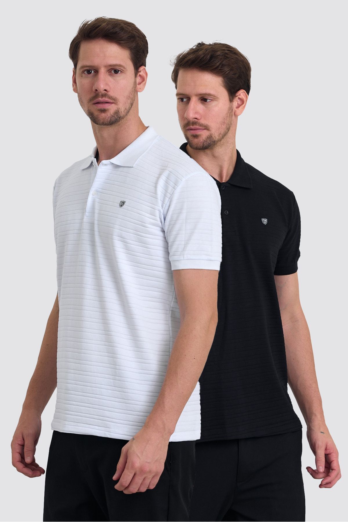 Erkek %100 Pamuklu Kumaş Slim Fit Kesim 2'Li Polo Yaka T-shirt - SİYAH BEYAZ