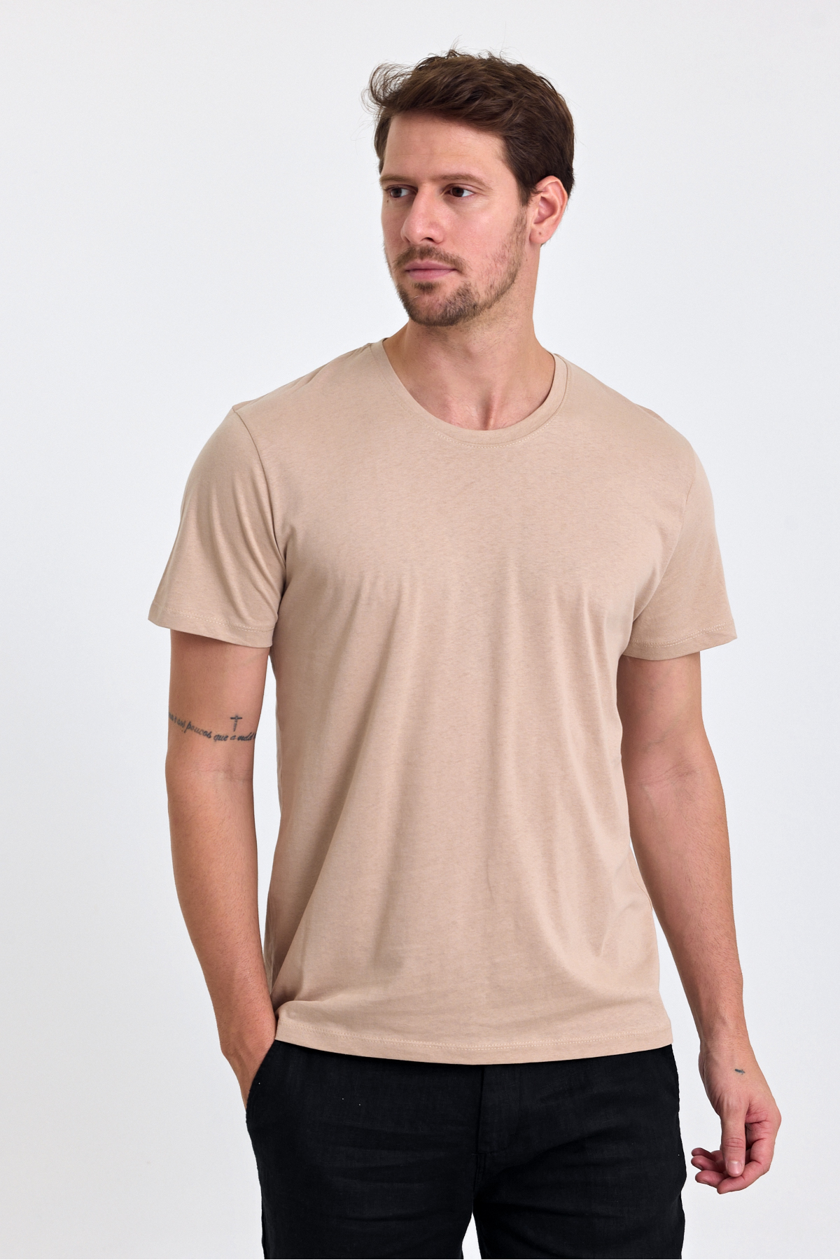 Erkek Bej %100 Pamuk Slim Fit Bisiklet Yaka Basic Tişört 5