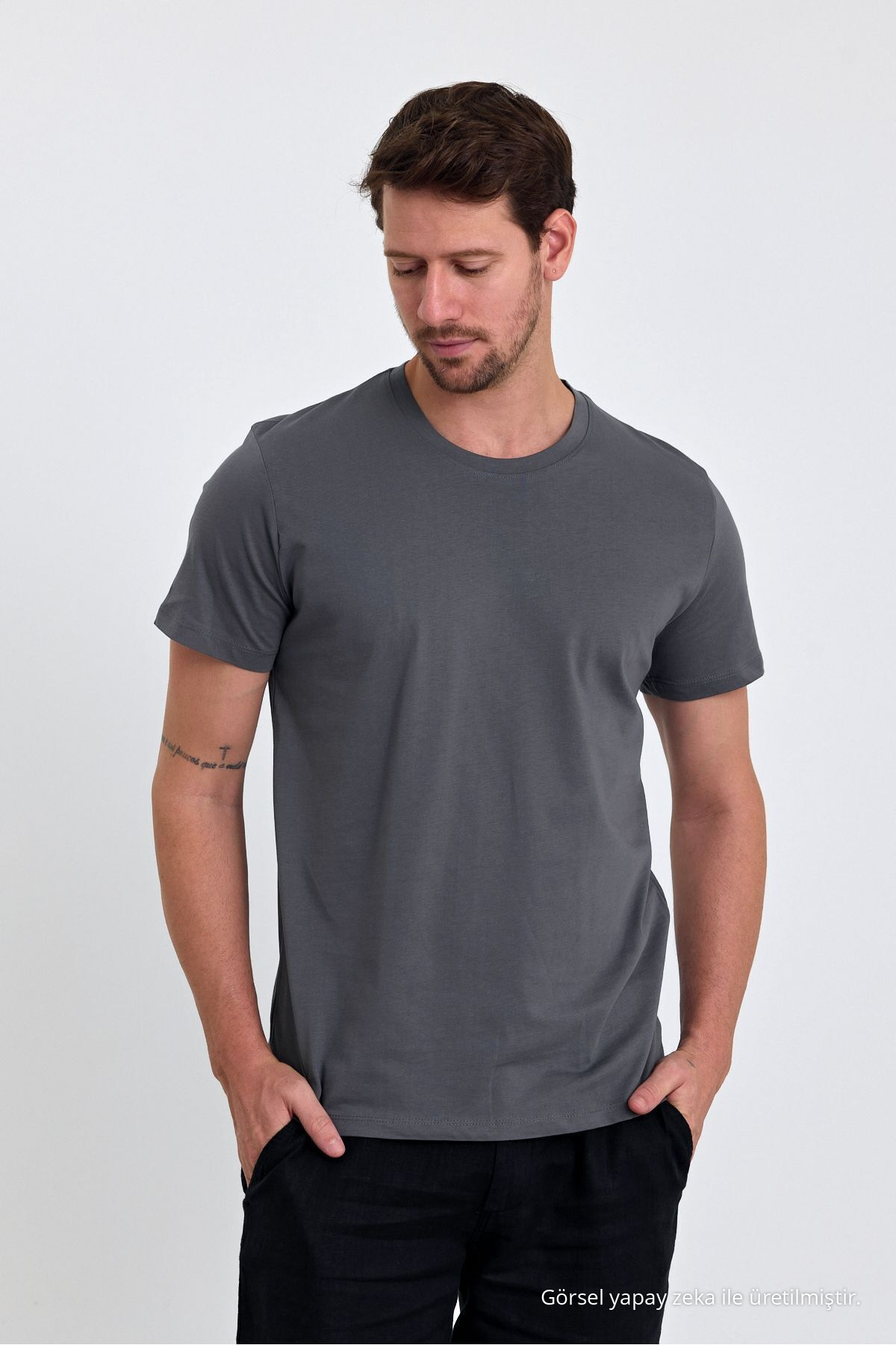 Erkek Füme %100 Pamuk Slim Fit Bisiklet Yaka Basic Tişört 3