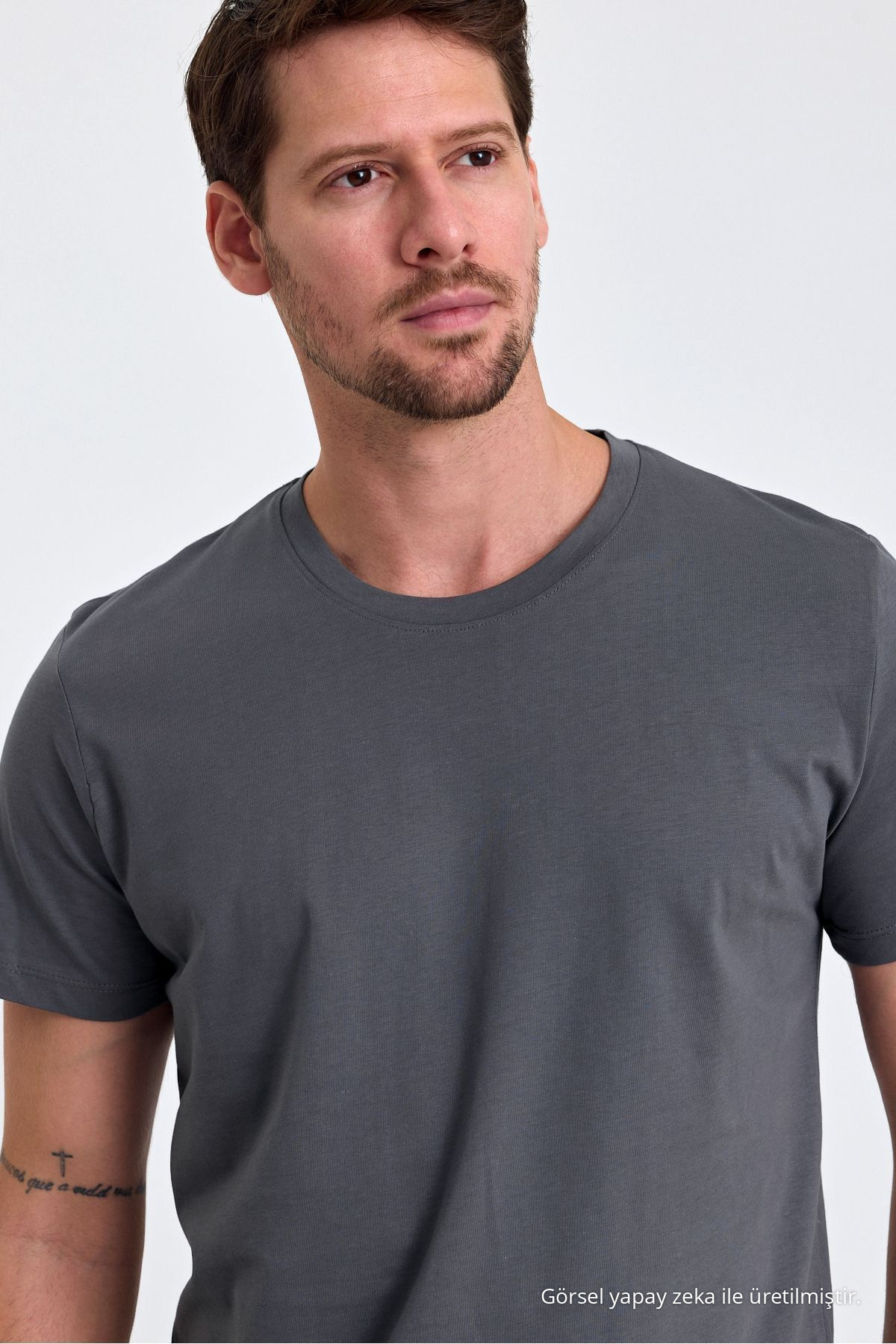 Erkek Füme %100 Pamuk Slim Fit Bisiklet Yaka Basic Tişört 6
