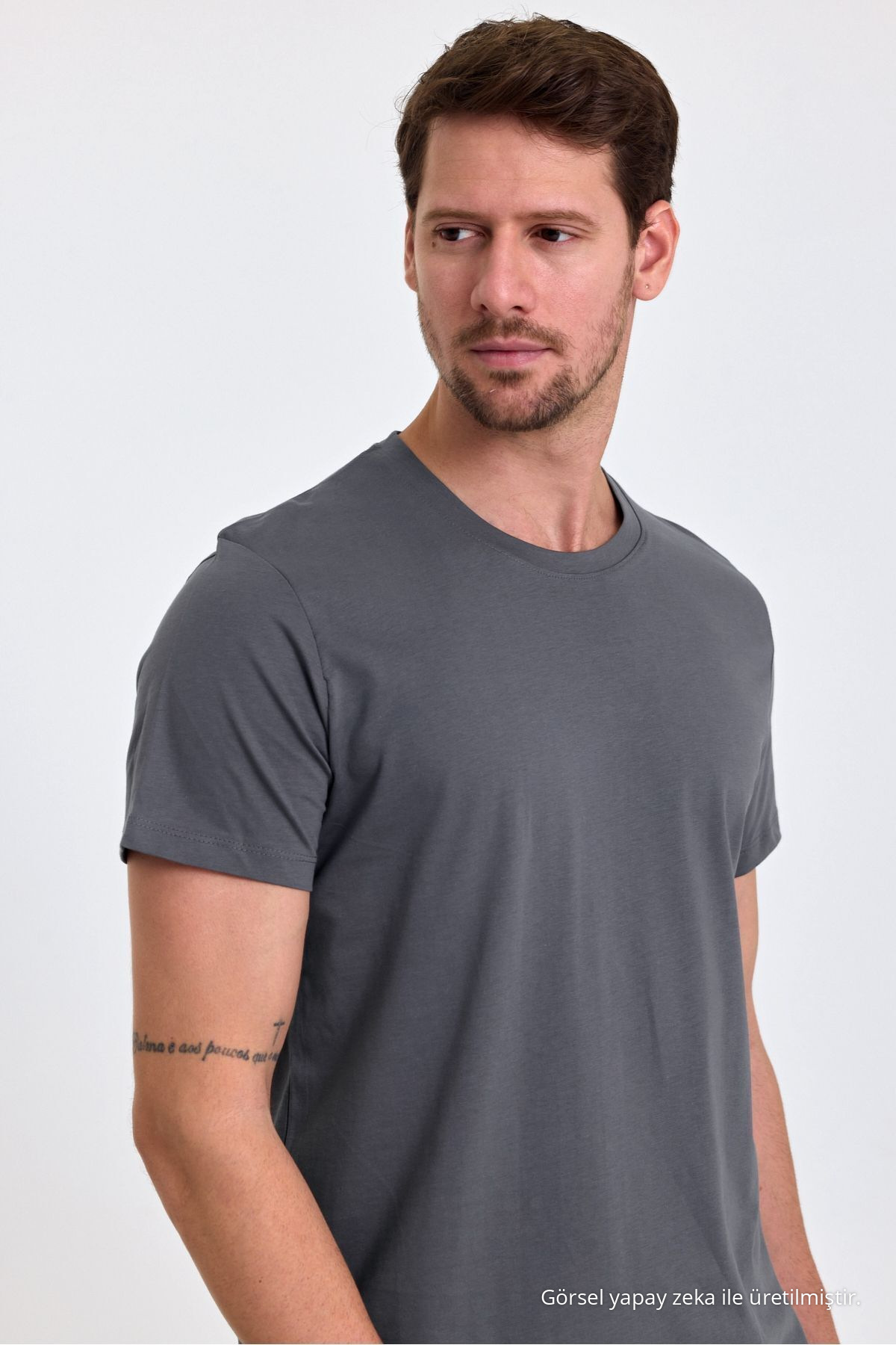 Erkek Füme %100 Pamuk Slim Fit Bisiklet Yaka Basic Tişört 4