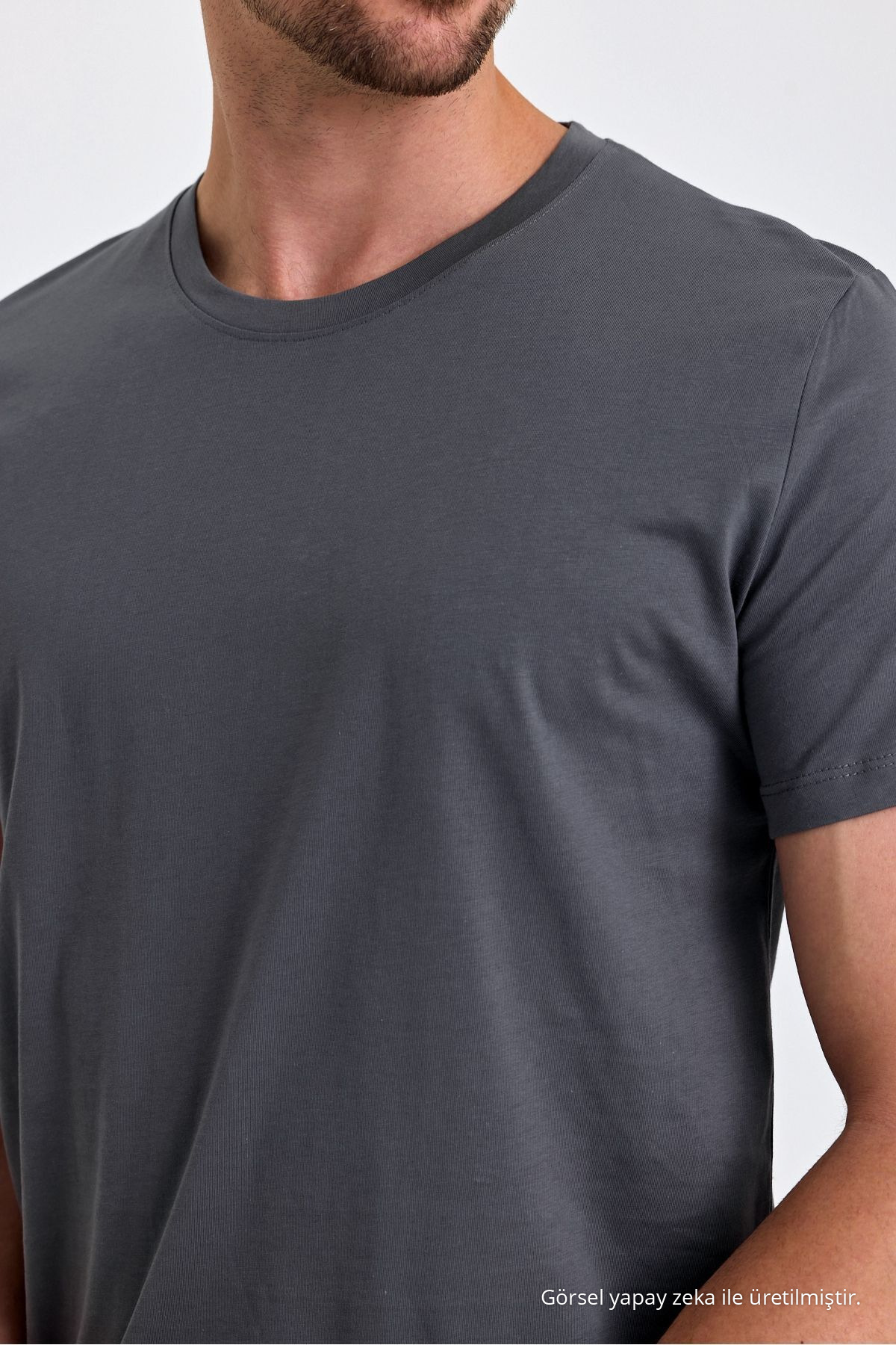 Erkek Füme %100 Pamuk Slim Fit Bisiklet Yaka Basic Tişört 8