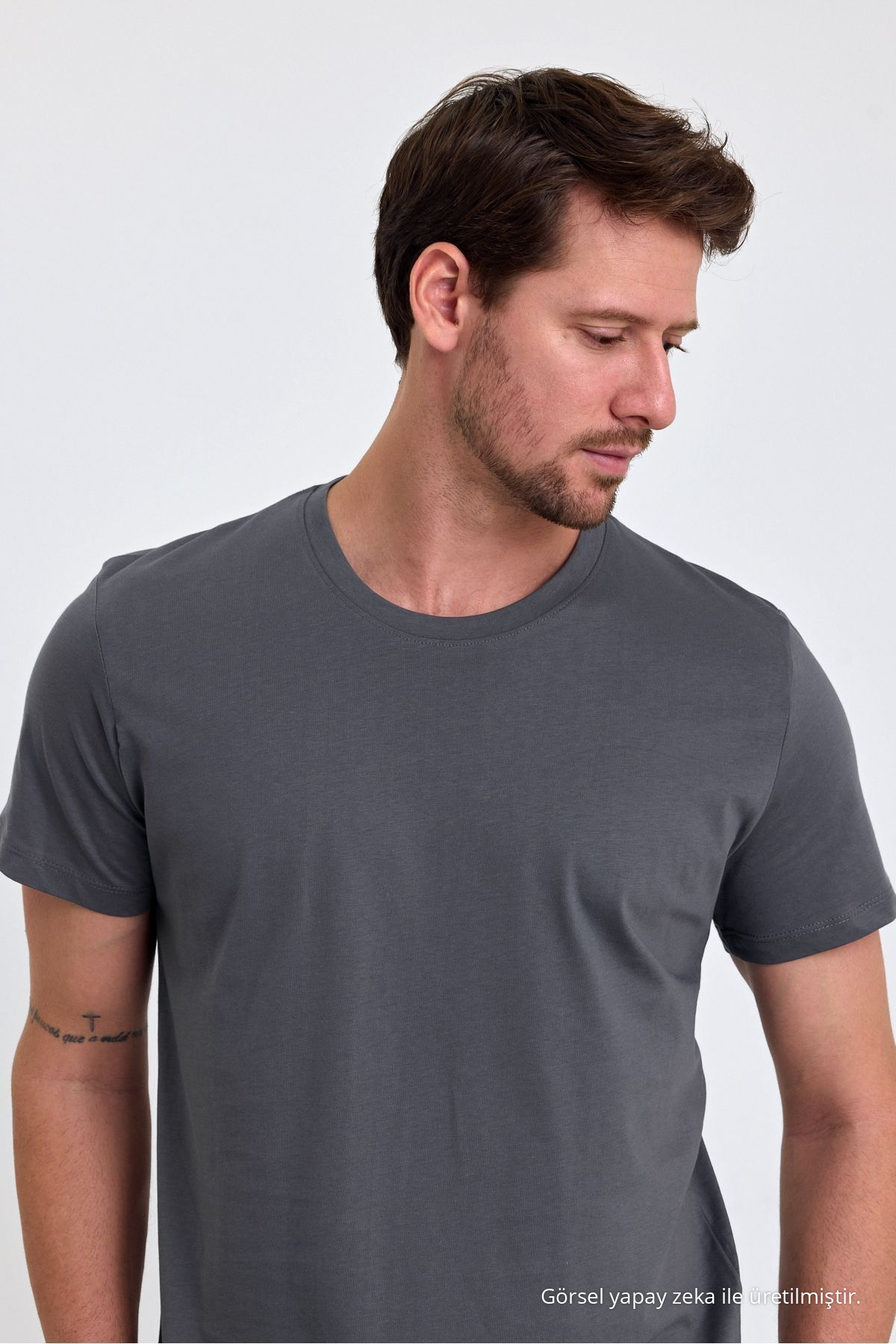 Erkek Füme %100 Pamuk Slim Fit Bisiklet Yaka Basic Tişört 5