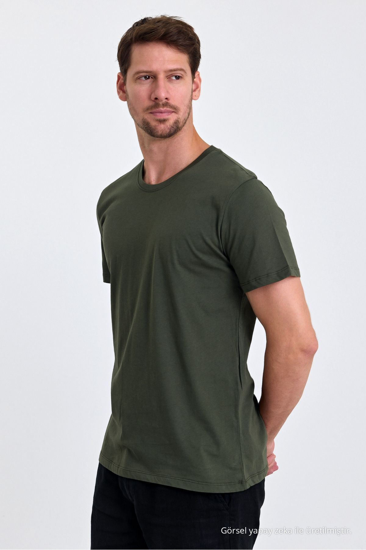 Erkek HAKİ %100 Pamuk Slim Fit Bisiklet Yaka Basic Tişört 4