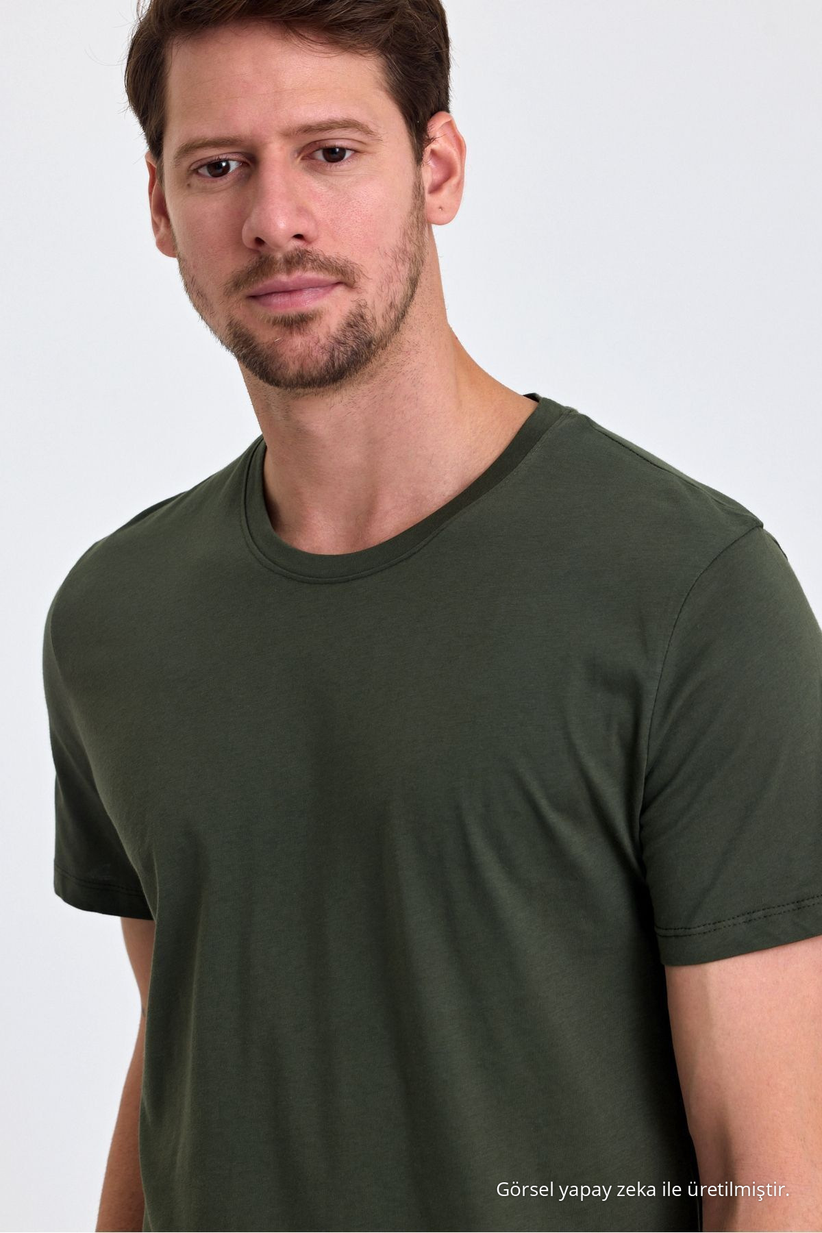 Erkek HAKİ %100 Pamuk Slim Fit Bisiklet Yaka Basic Tişört 5