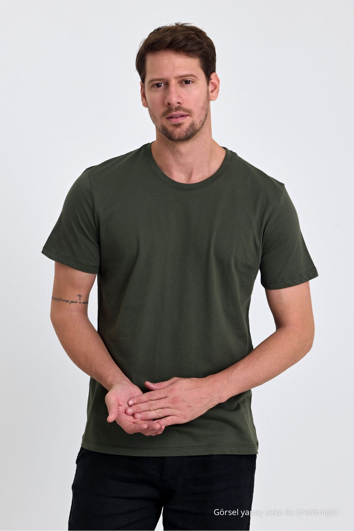 Erkek HAKİ %100 Pamuk Slim Fit Bisiklet Yaka Basic Tişört 3