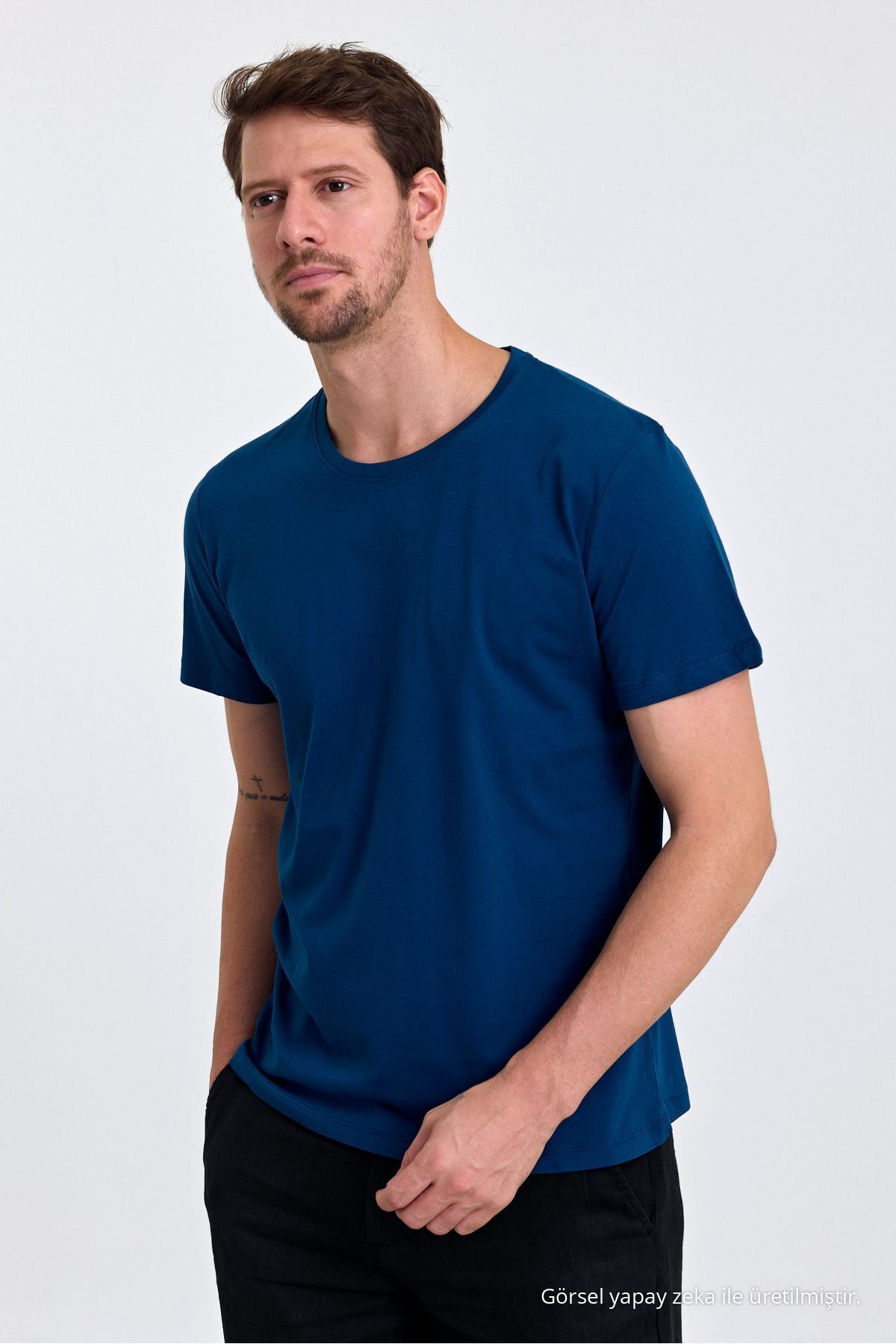 Erkek Indigo %100 Pamuk Slim Fit Bisiklet Yaka Basic Tişört İNDİGO 3