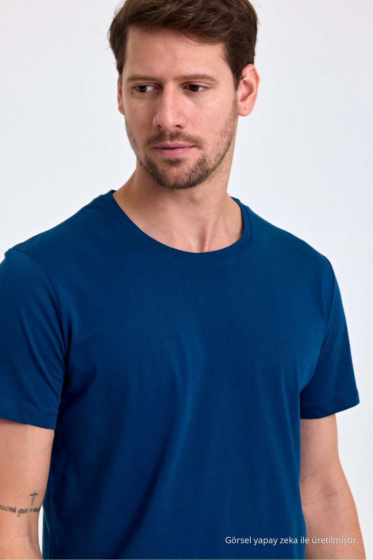 Erkek Indigo %100 Pamuk Slim Fit Bisiklet Yaka Basic Tişört İNDİGO 5
