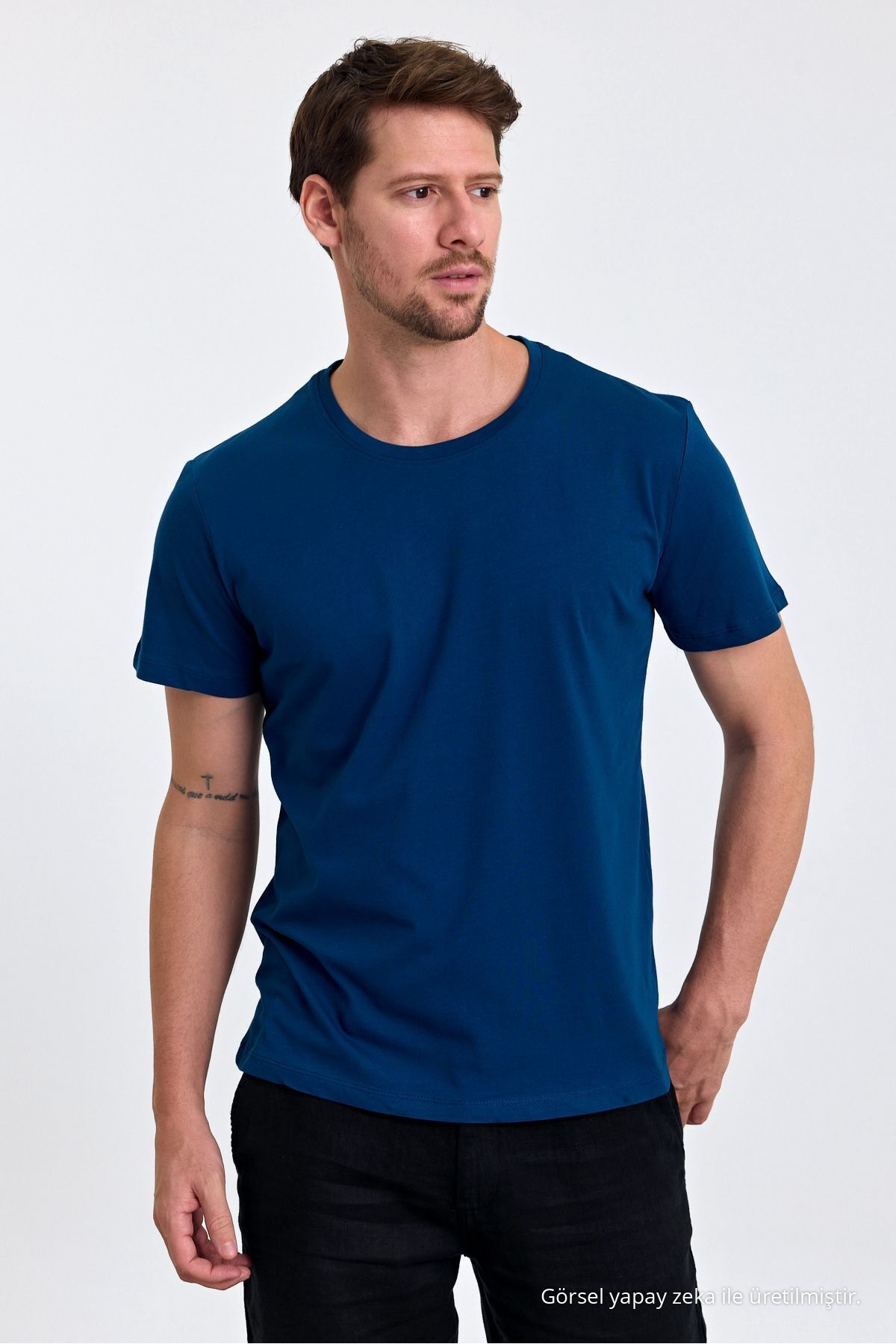 Erkek Indigo %100 Pamuk Slim Fit Bisiklet Yaka Basic Tişört İNDİGO 4