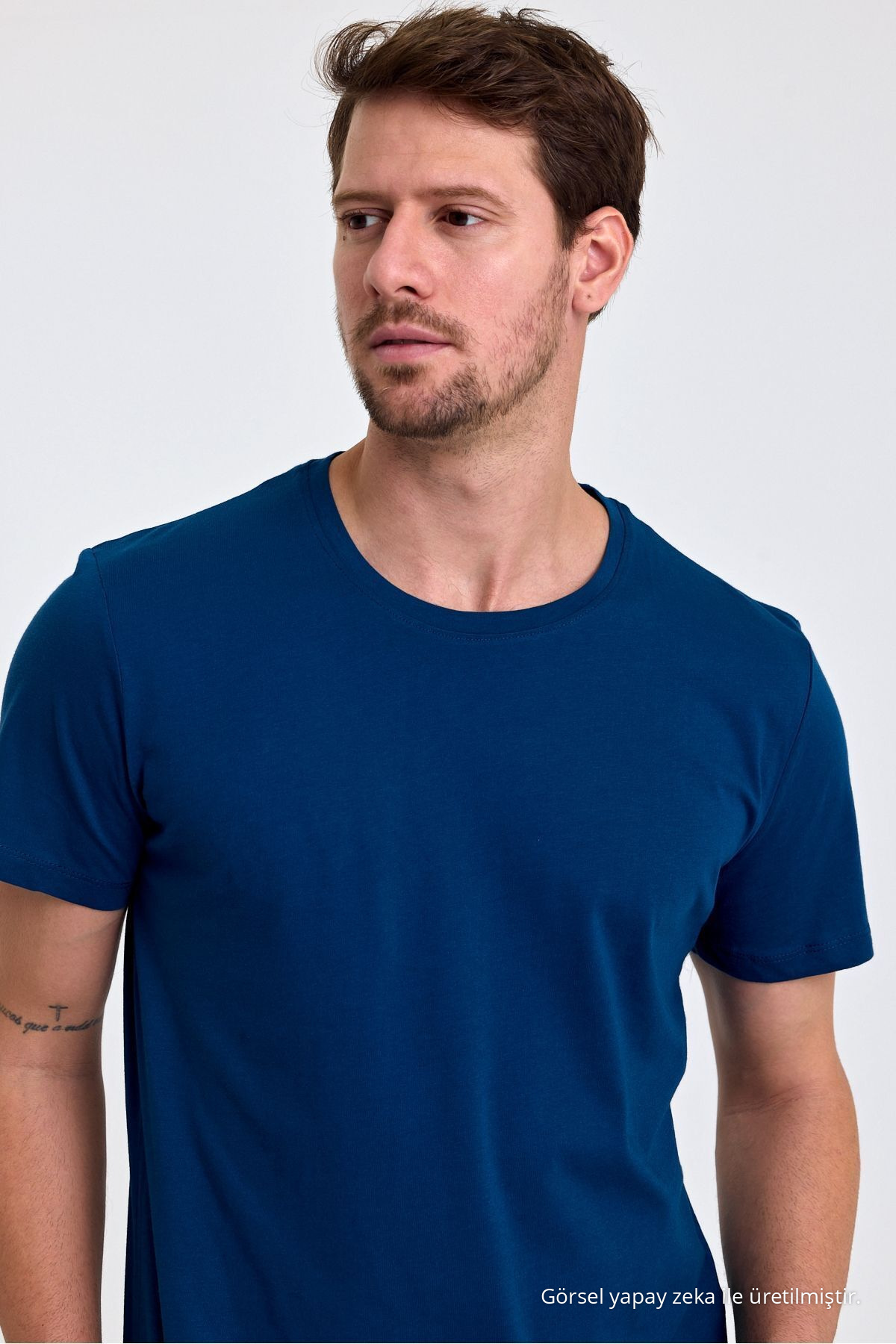 Erkek Indigo %100 Pamuk Slim Fit Bisiklet Yaka Basic Tişört İNDİGO 6