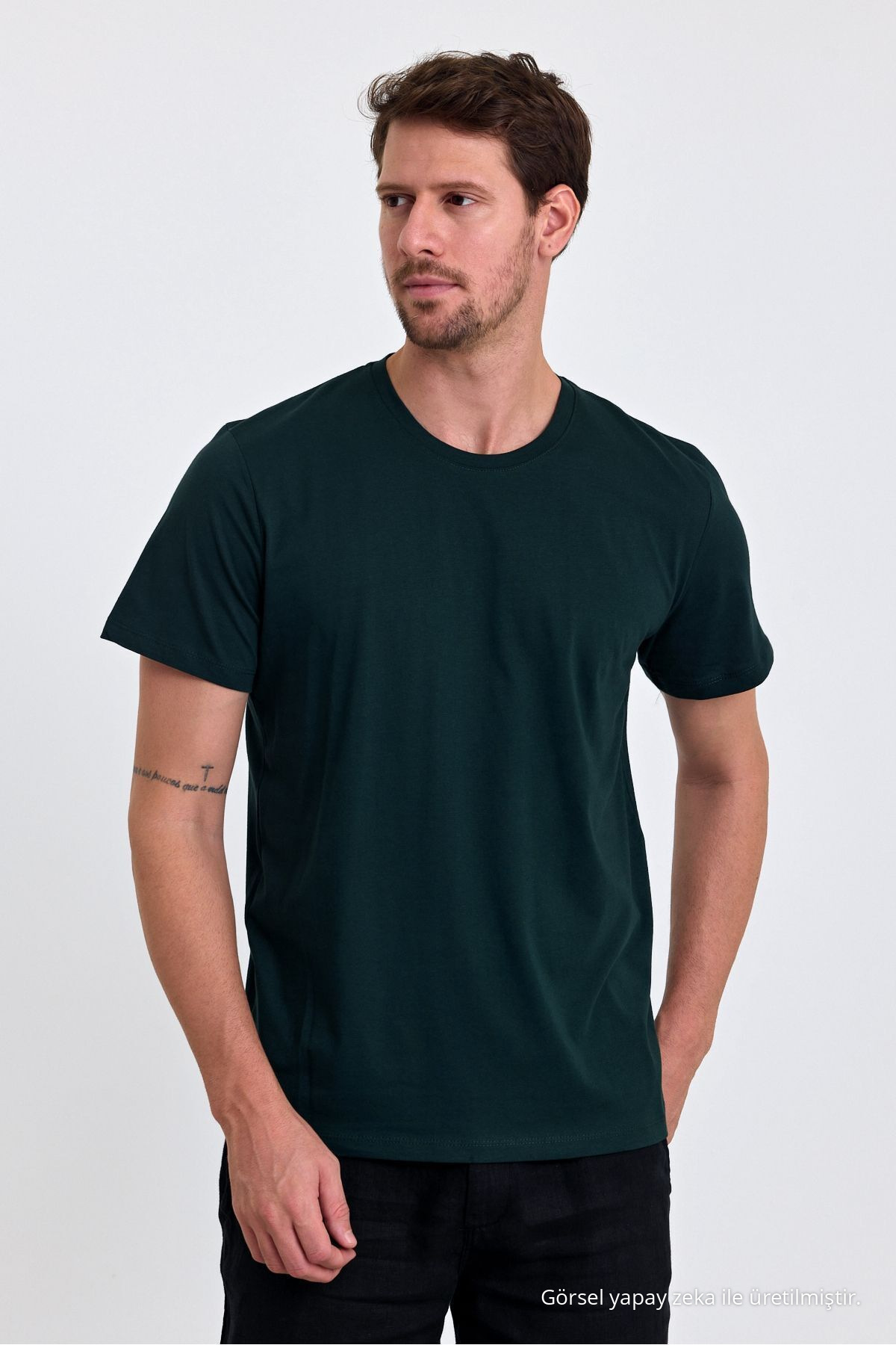 Erkek KOYU YEŞİL %100 Pamuk Slim Fit Bisiklet Yaka Basic Tişört 3