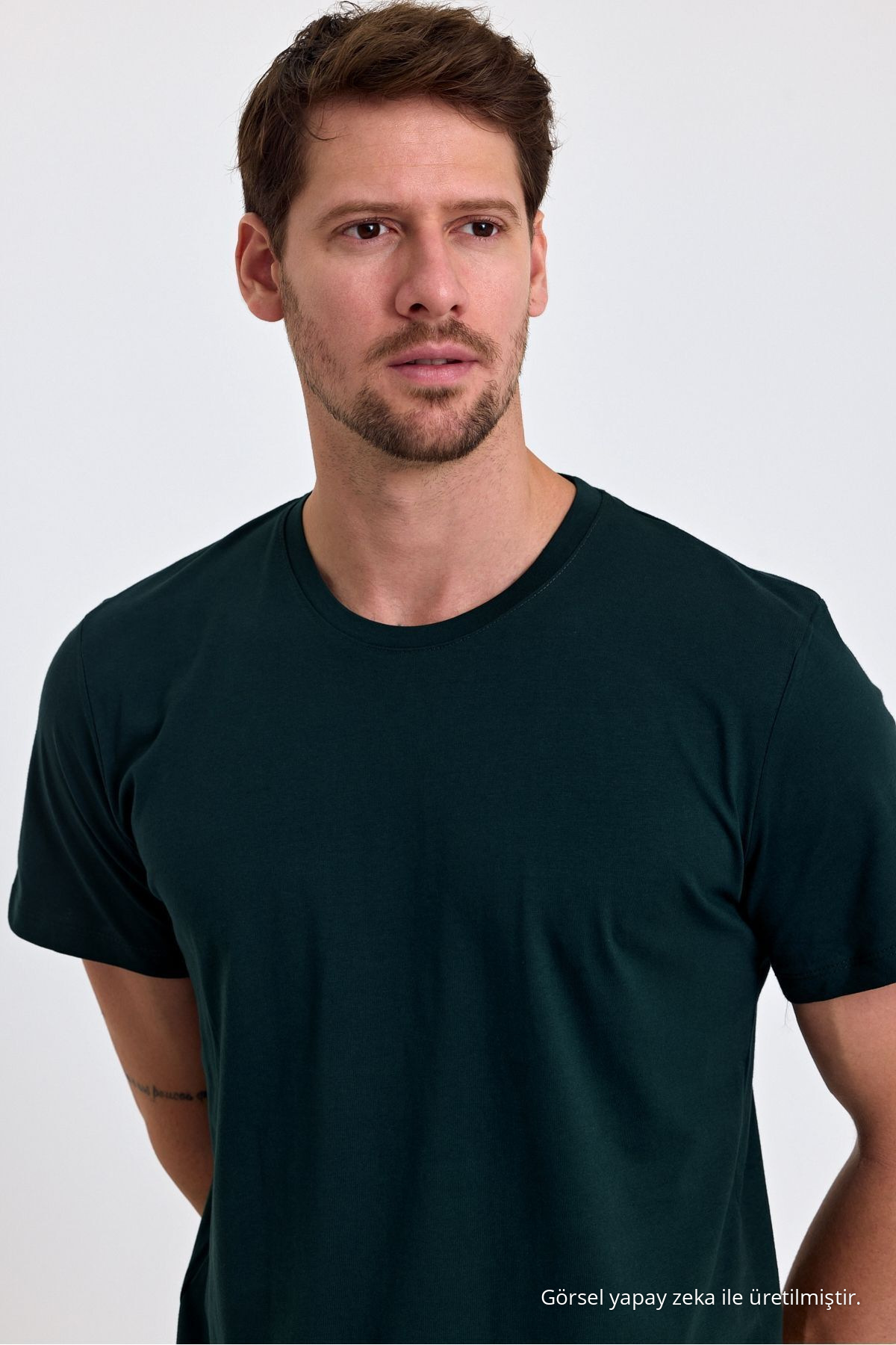 Erkek KOYU YEŞİL %100 Pamuk Slim Fit Bisiklet Yaka Basic Tişört 6