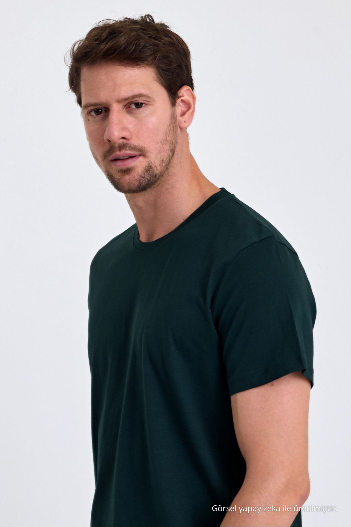 Erkek KOYU YEŞİL %100 Pamuk Slim Fit Bisiklet Yaka Basic Tişört 4
