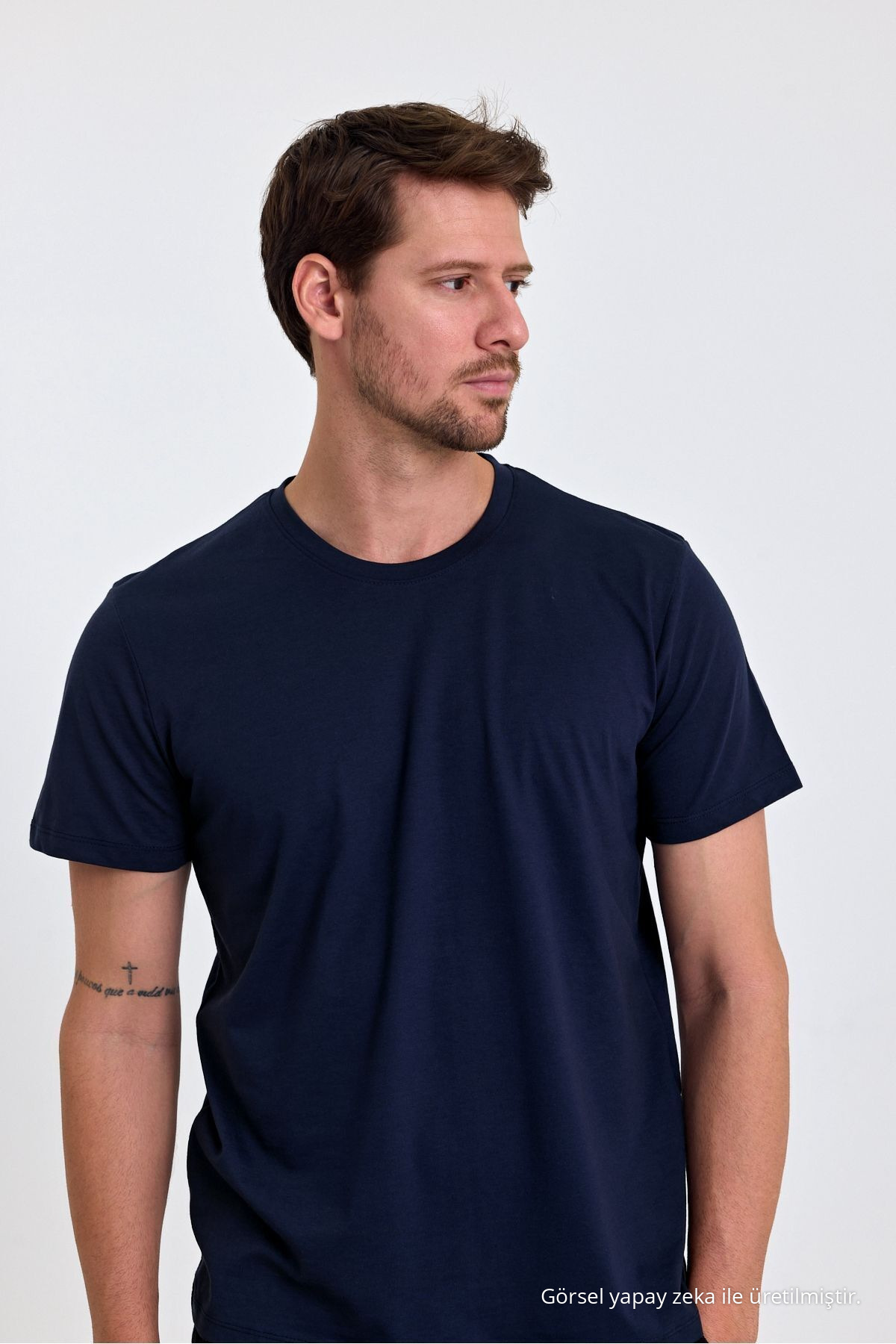 Erkek LACİVERT %100 Pamuk Slim Fit Bisiklet Yaka Basic Tişört 7
