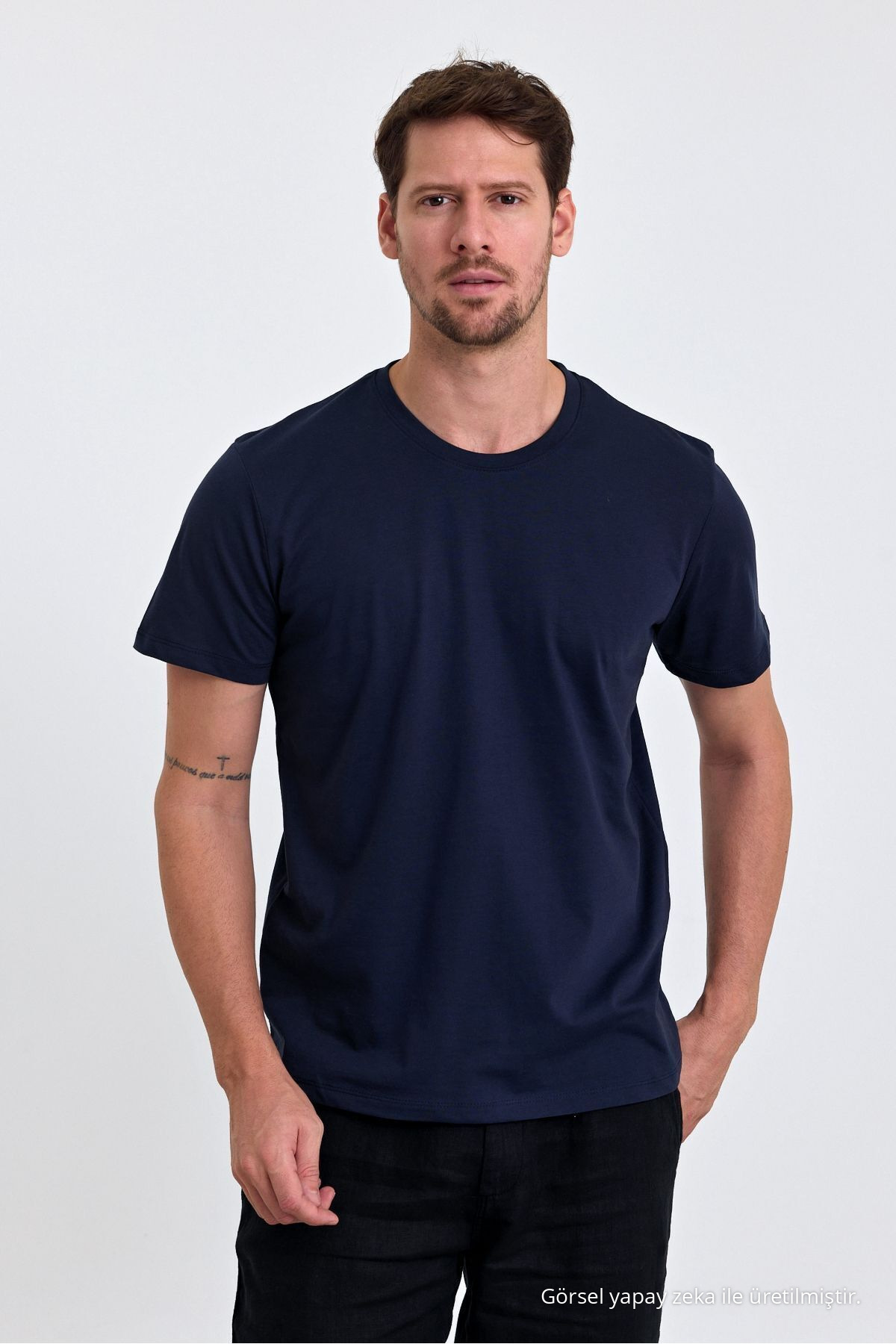 Erkek LACİVERT %100 Pamuk Slim Fit Bisiklet Yaka Basic Tişört 4