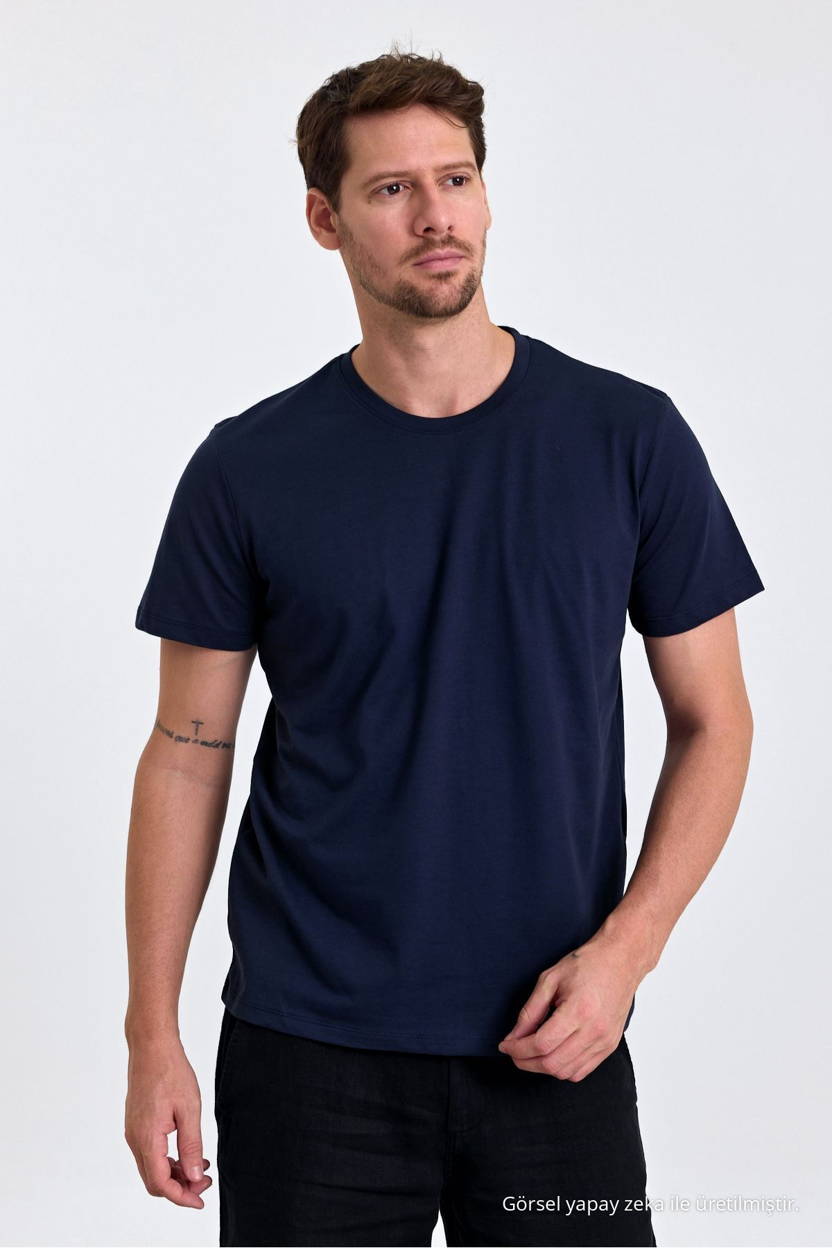 Erkek LACİVERT %100 Pamuk Slim Fit Bisiklet Yaka Basic Tişört 5