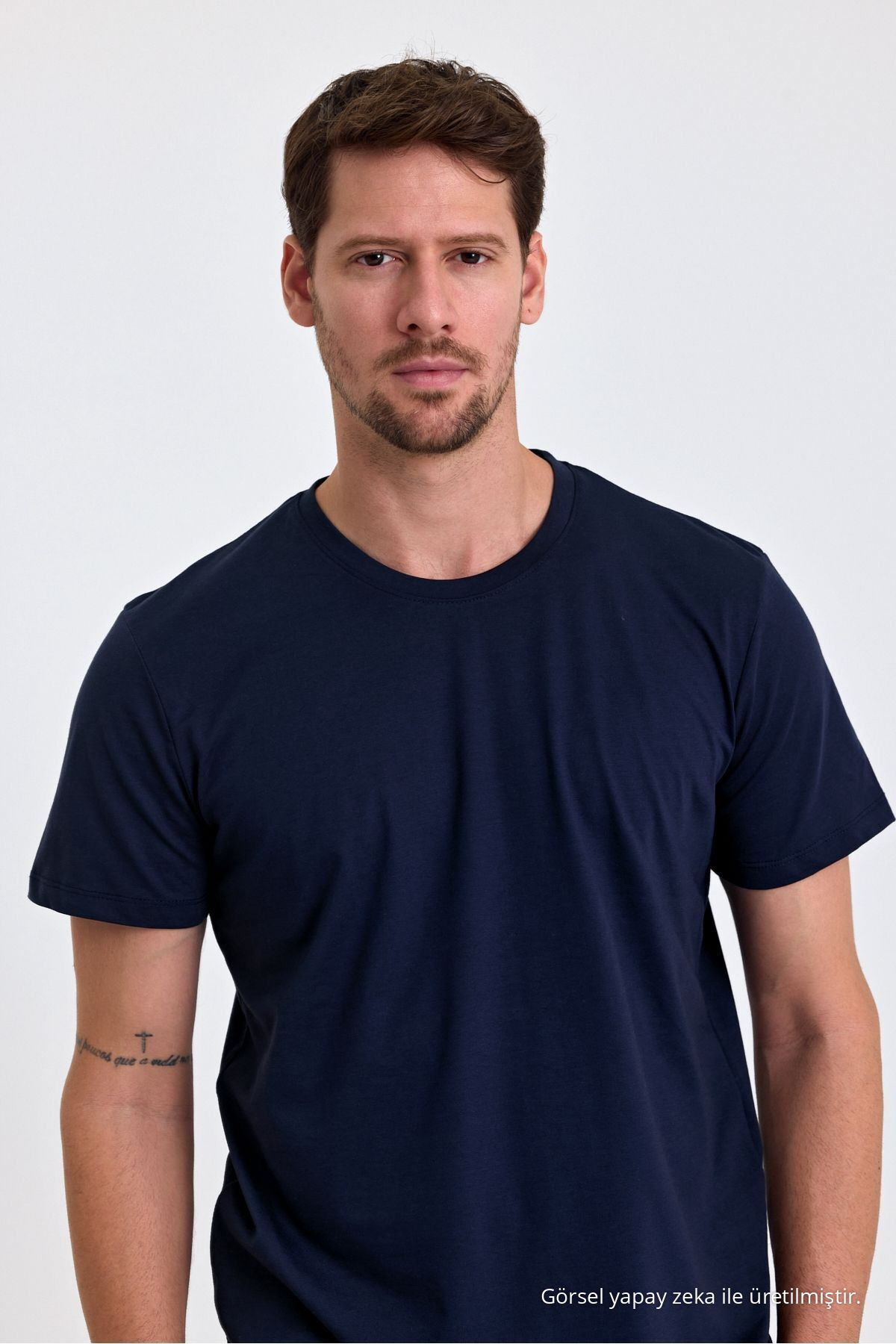 Erkek LACİVERT %100 Pamuk Slim Fit Bisiklet Yaka Basic Tişört 6