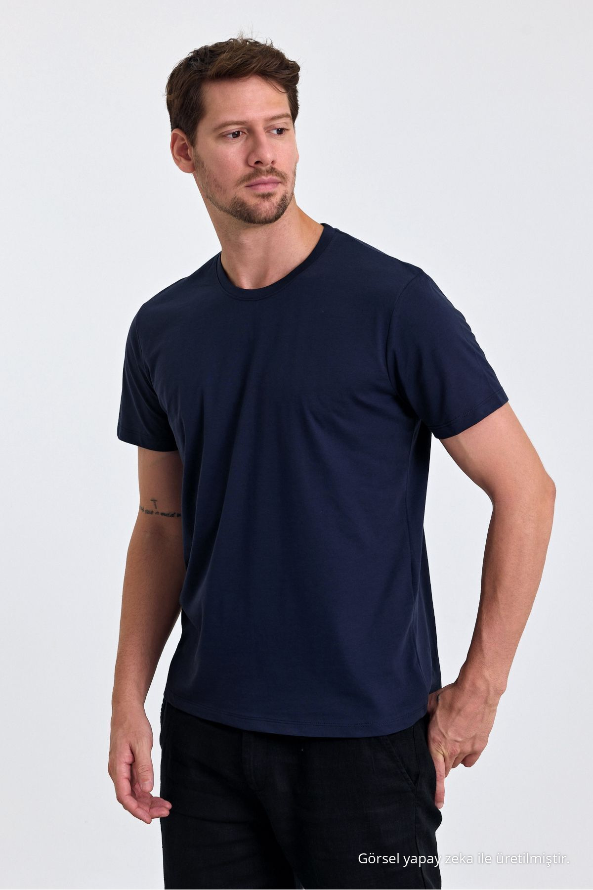 Erkek LACİVERT %100 Pamuk Slim Fit Bisiklet Yaka Basic Tişört 3