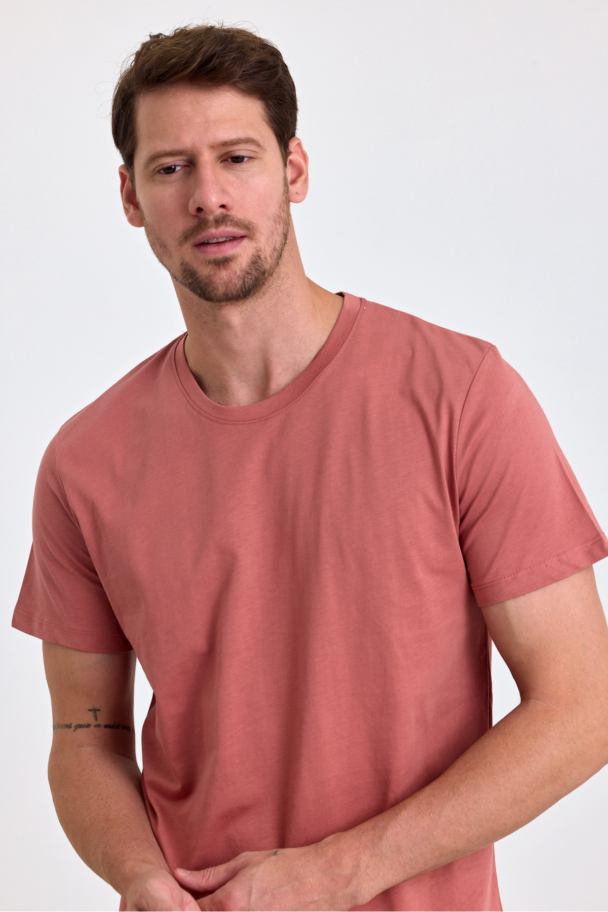 Erkek Pudra %100 Pamuk Slim Fit Bisiklet Yaka Basic Tişört 6