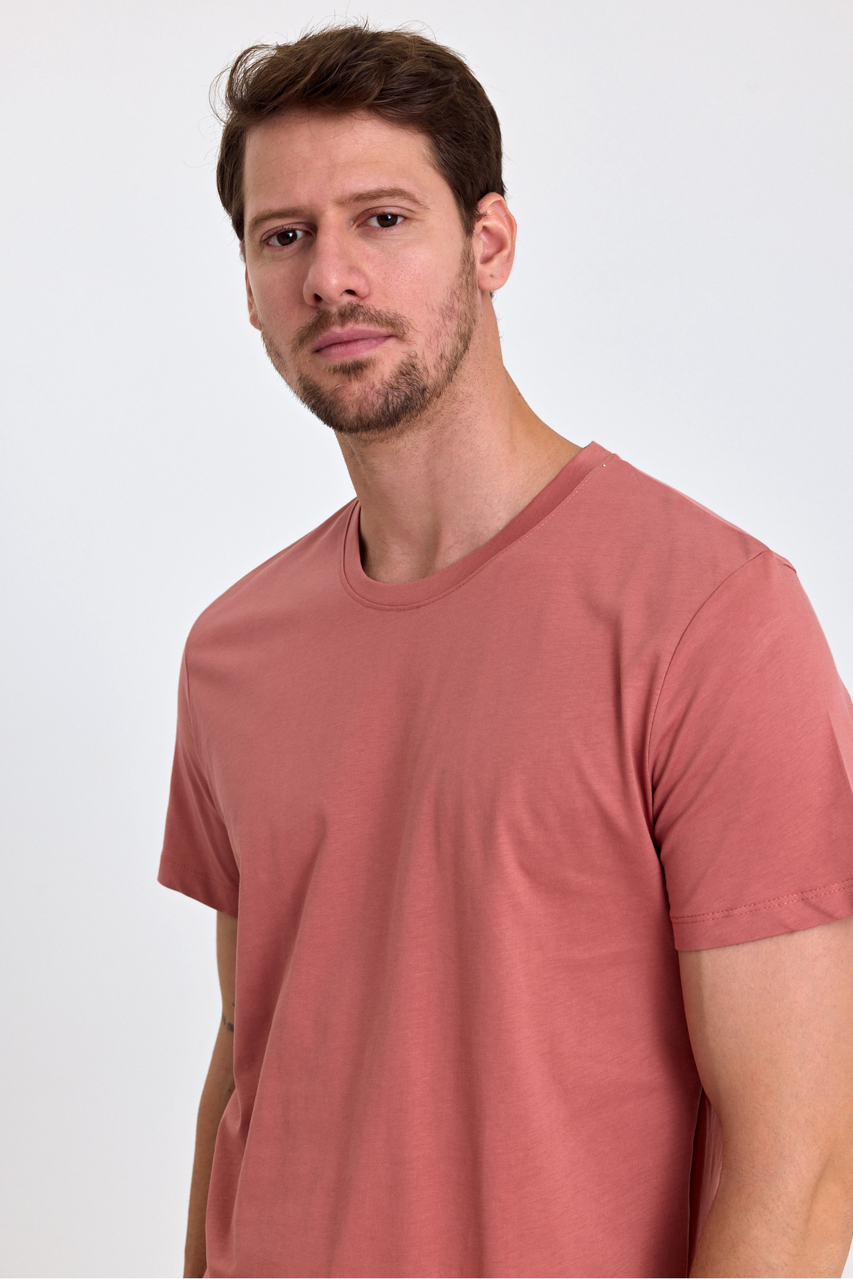 Erkek Pudra %100 Pamuk Slim Fit Bisiklet Yaka Basic Tişört 7