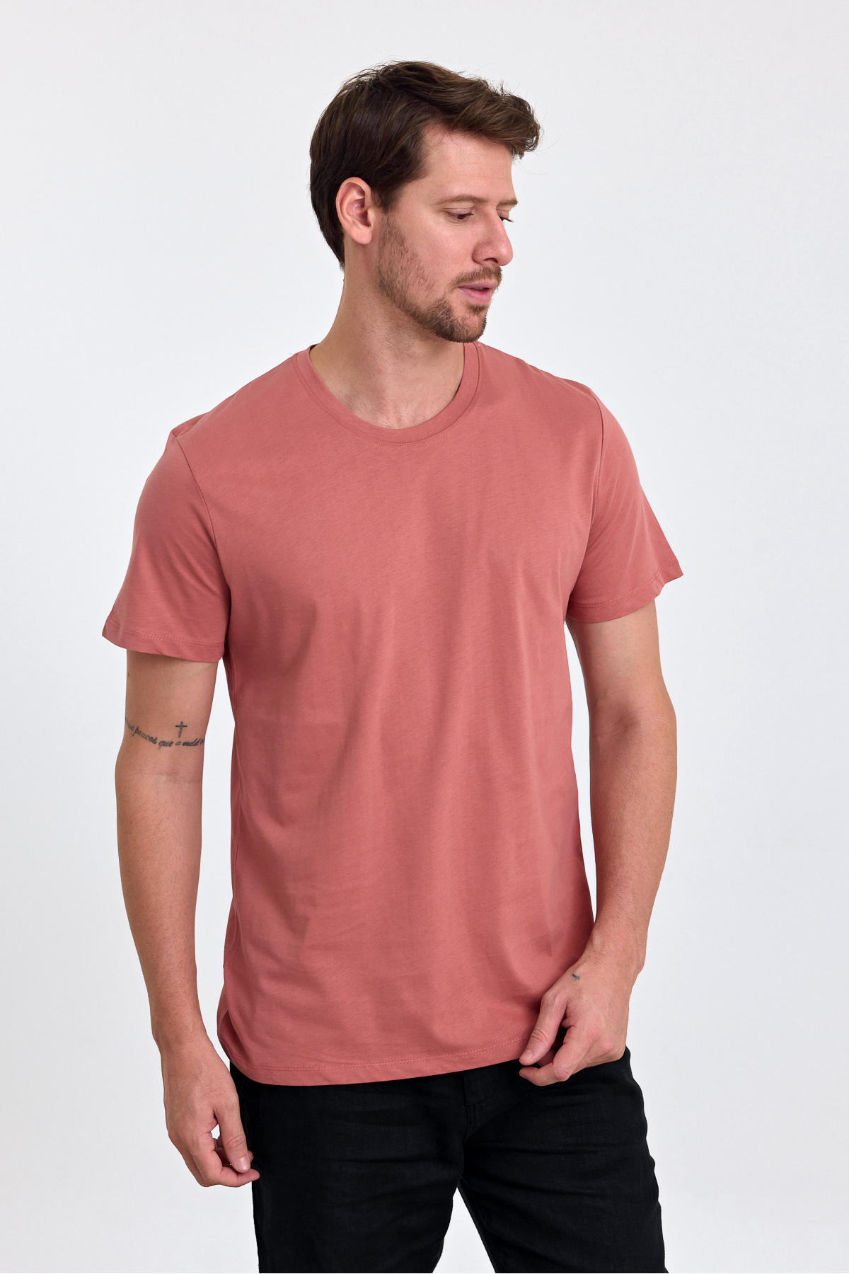 Erkek Pudra %100 Pamuk Slim Fit Bisiklet Yaka Basic Tişört 5