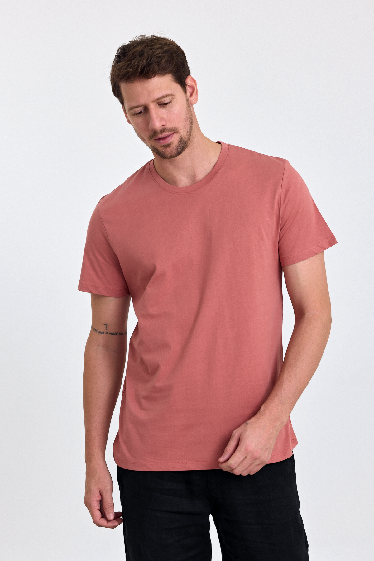 Erkek Pudra %100 Pamuk Slim Fit Bisiklet Yaka Basic Tişört 3